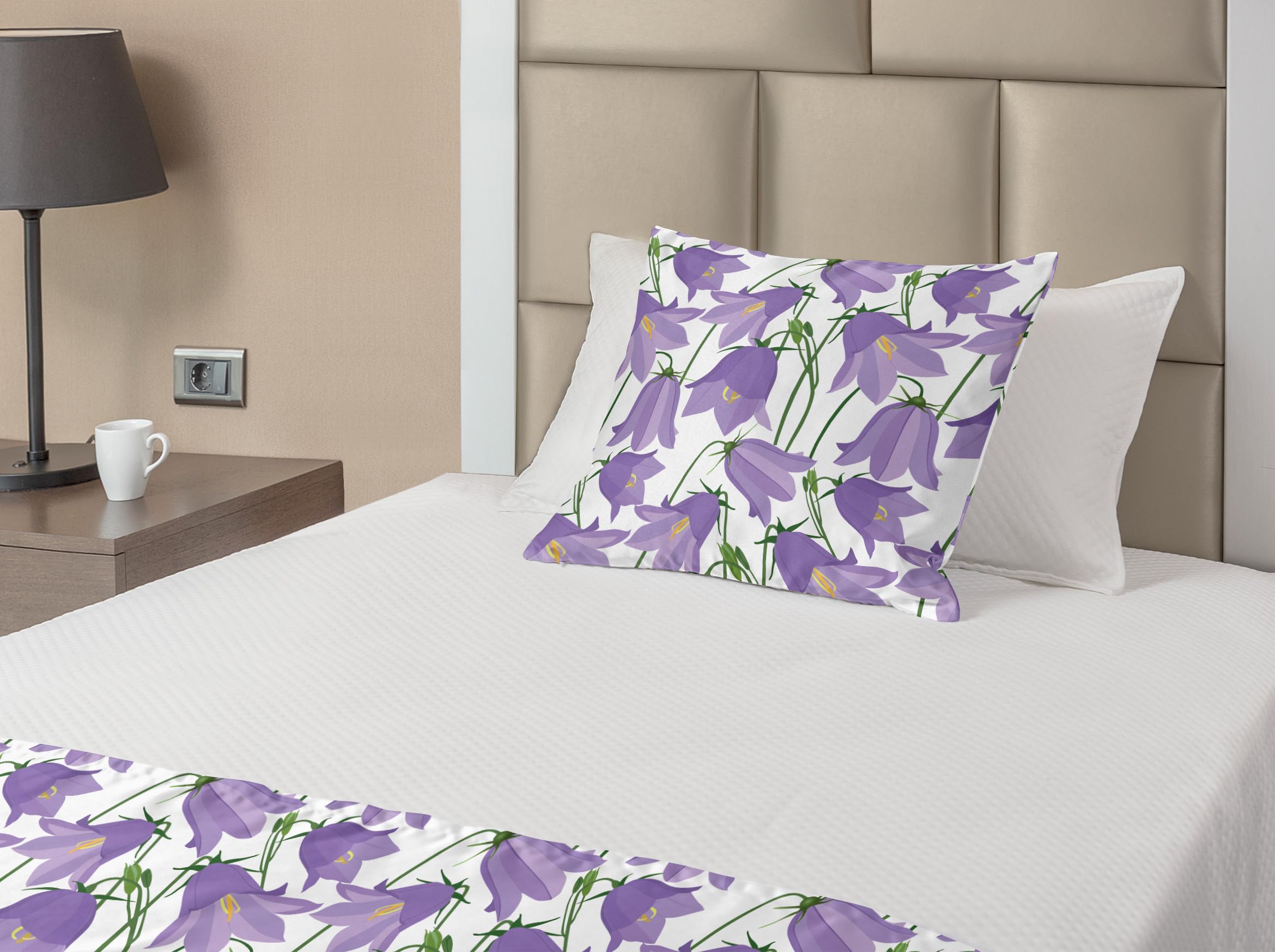 Ambesonne Botanical Bed Runner Set - Bluebells Meadow Flowers Design, Decorative Bedding Scarf & Pillow Sham for Twin Bed | Home & Hotel Decor | Lavender Yellow | Perfect for Spring Bedroom Refresh, Guest Room Styling & Wedding Decor