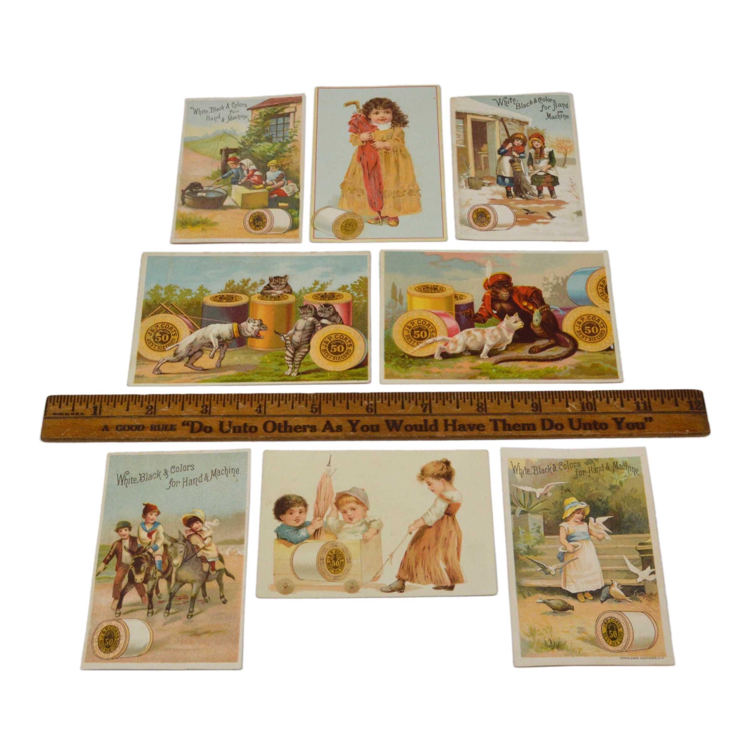 Vintage J.P. Coats Thread Advertising Trade Cards - Lot of 8 Antique Collectible Cards Featuring Cats, Dogs & Monkeys - Perfect for Framing, Scrapbooking & Vintage Decor