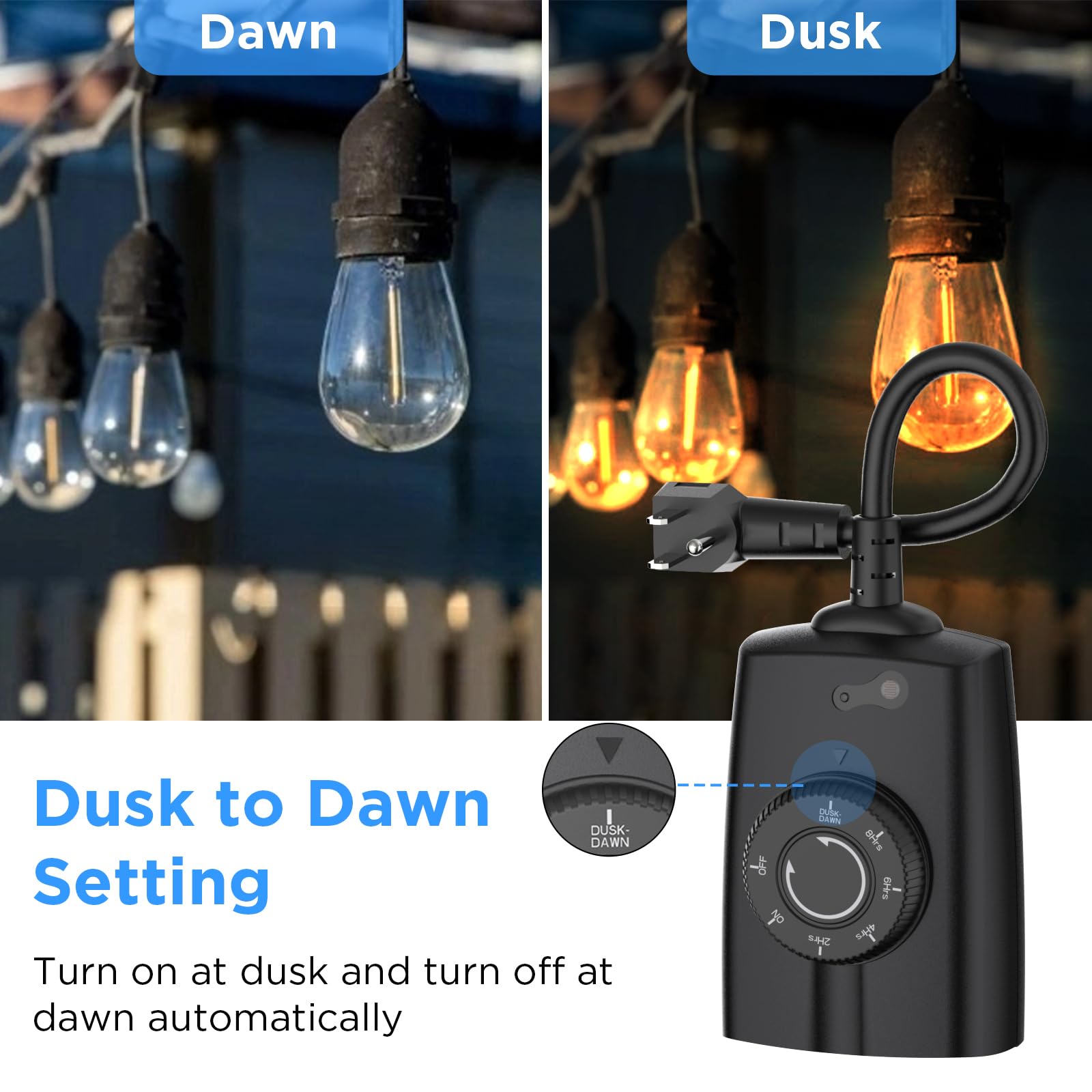 Outdoor Timer Outlet Waterproof with Photocell Sensor - Dusk to Dawn & Countdown Timer for Christmas Lights, 2 Grounded Outlets, 15A 1/2HP, CSA Certified - Perfect for Holiday Decorations, Landscape Lighting & Outdoor Electrical Devices