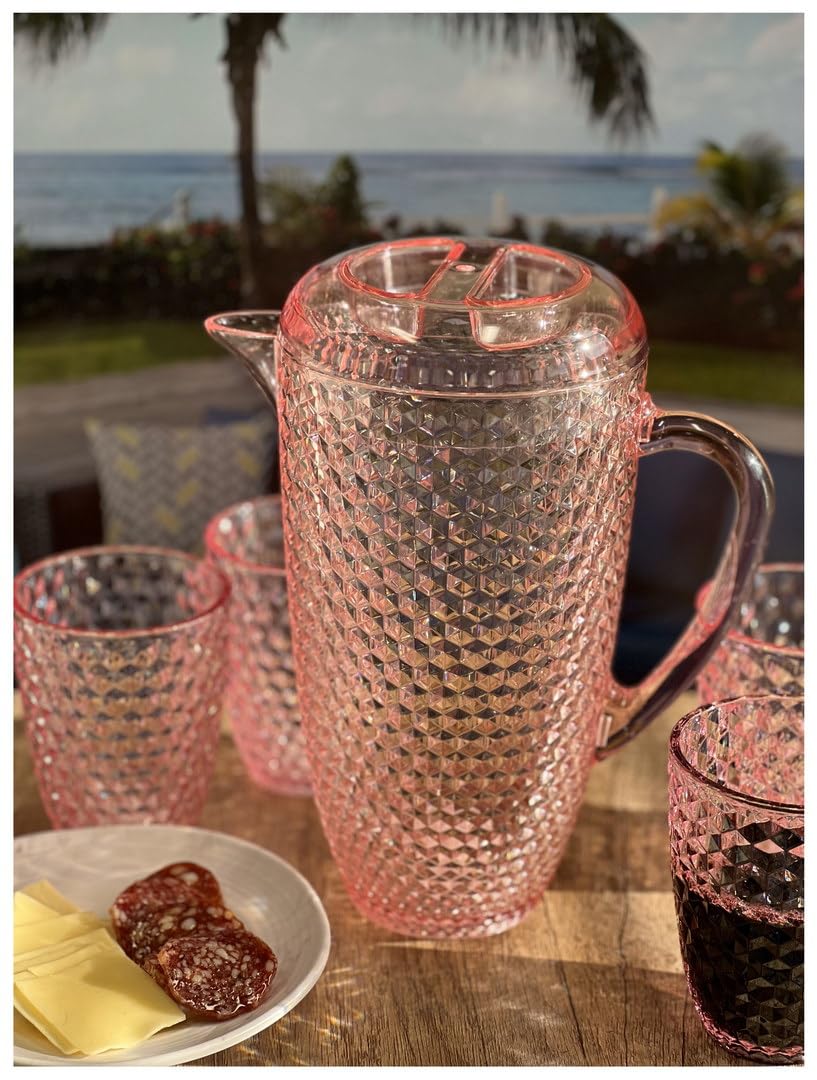 Premium 2.5 Quart Water Pitcher with Lid - BPA Free Unbreakable Plastic Pitcher with Spout for Juice, Iced Tea & Lemonade - Diamond Cut Design for Refrigerator & Dining Table Use
