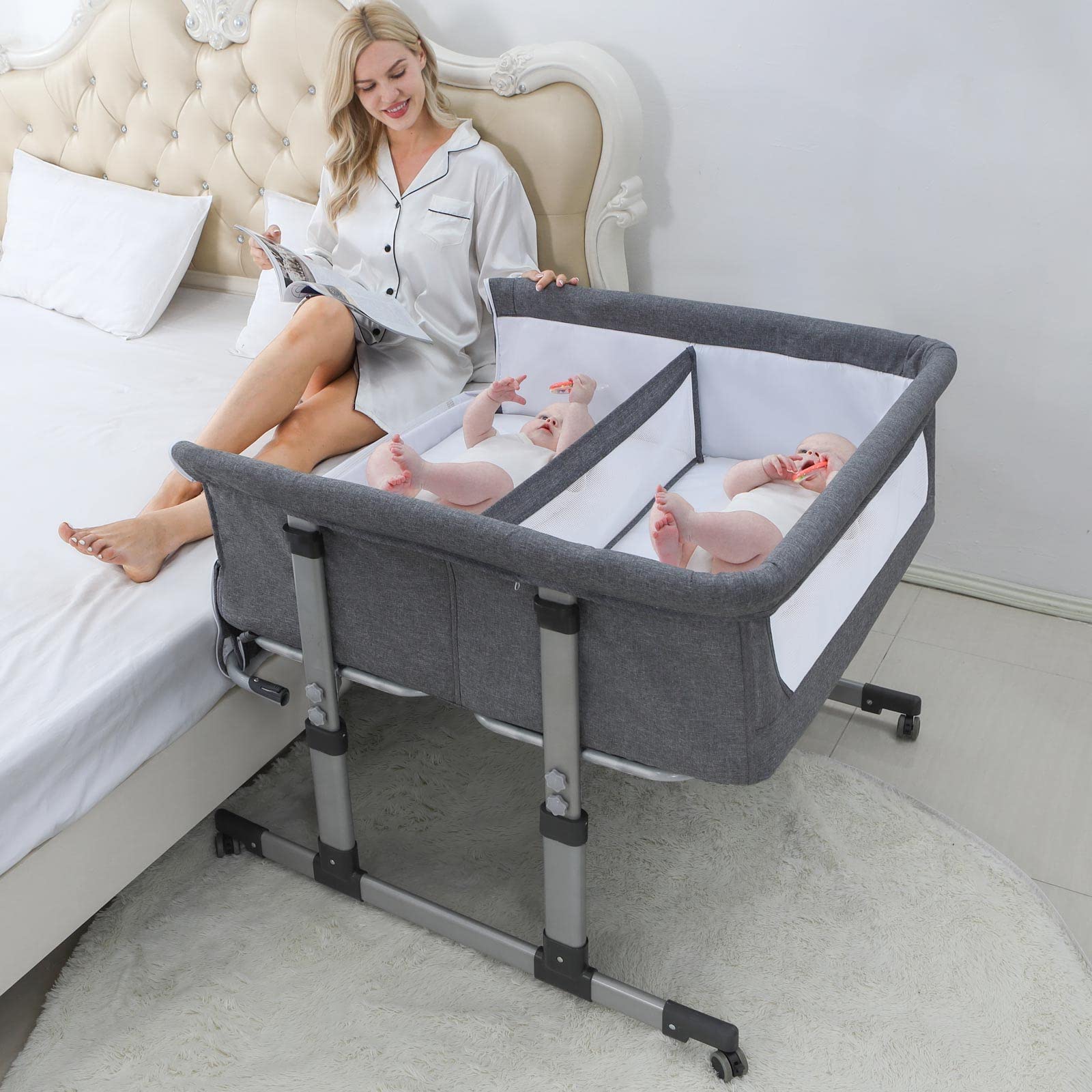 iHoming Double Bassinet for Twins - Adjustable Bedside Crib for 2 Babies, Safe Co-Sleeper with Breathable Mesh (Grey) | Perfect for Newborn Nursery & Parent Bedroom Convenience