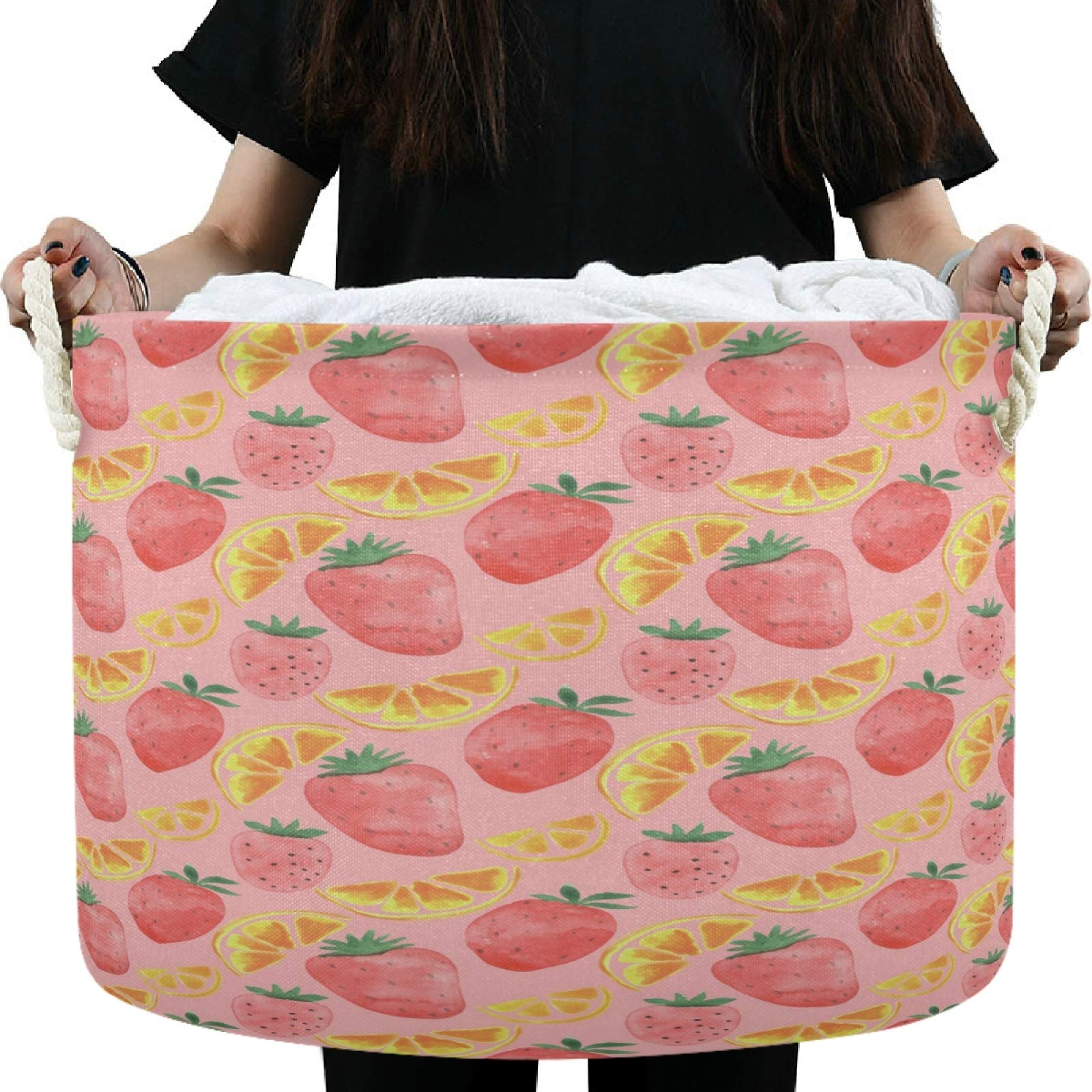 Visesunny Canvas Storage Basket - Strawberry & Lemon Print Toy Organizer Bin for Kids Room, Playroom, Shelves | Nursery Hamper, Laundry Basket, Gift Basket | Perfect for Organizing Toys, Clothes & Decor