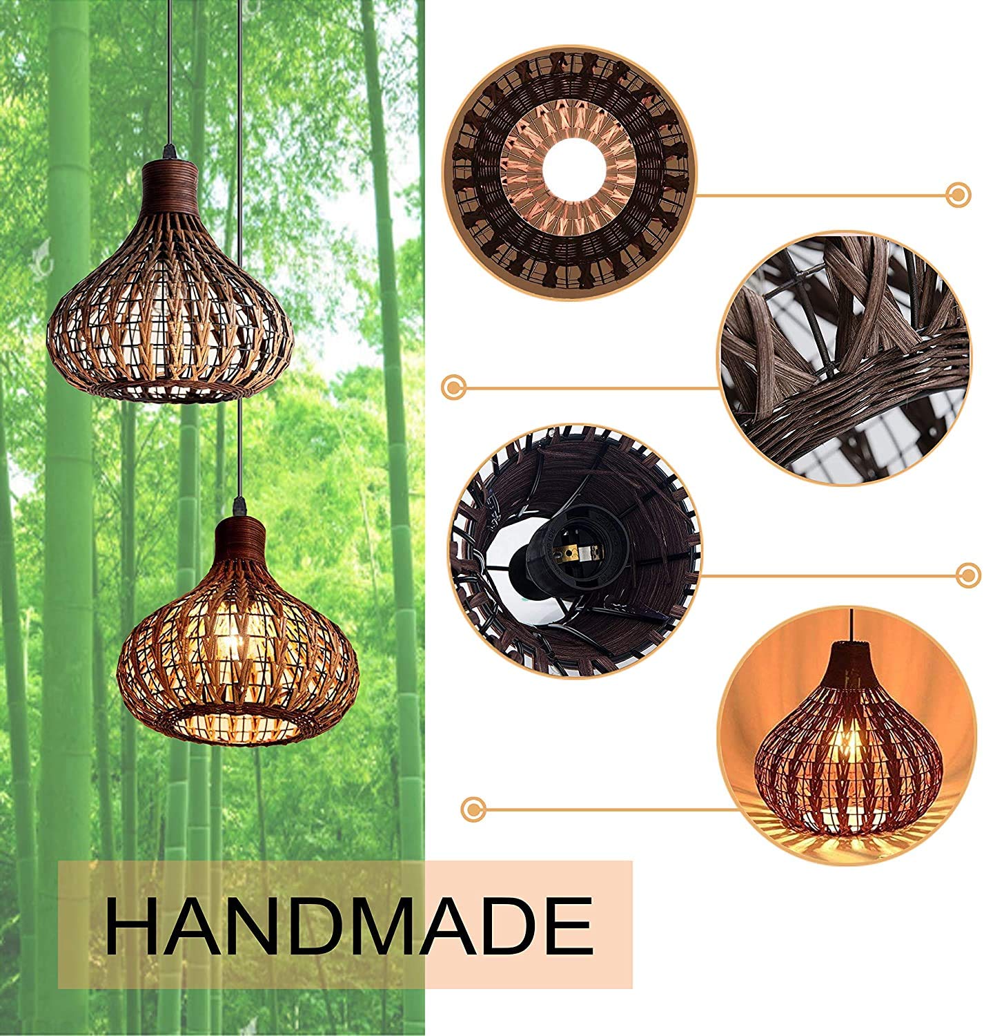 GWY Bamboo Lantern Pendant Light - Japanese Retro Style E27 Chandelier Hanging Ceiling Lamp for Living Room, Bedroom, Restaurant & Cafe | Perfect for Boho Decor, Zen Spaces & Asian-Themed Interiors