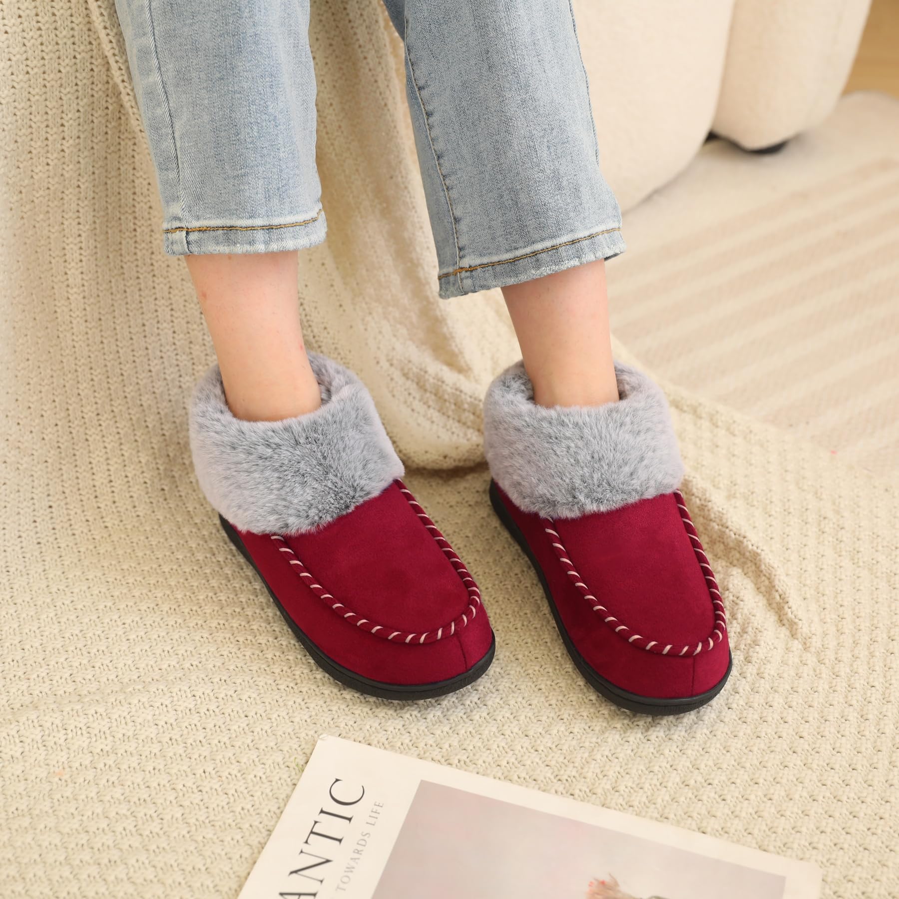 VONMAY Women's Fuzzy Plush Bootie Slippers - Suede Moccasin House Shoes with Memory Foam & Non-Slip Sole for Winter Warmth - Indoor/Outdoor Wear for Home, Office & Travel