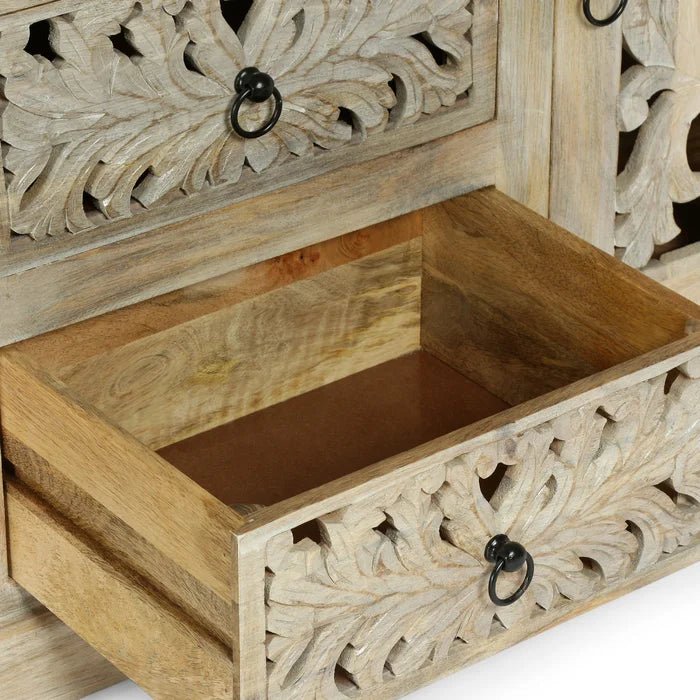 Hand Carved Wooden Sideboard - Indian Design Buffet Table for Dining Room & Living Room Storage | Solid Wood Cabinet for Home Decor & Entertaining
