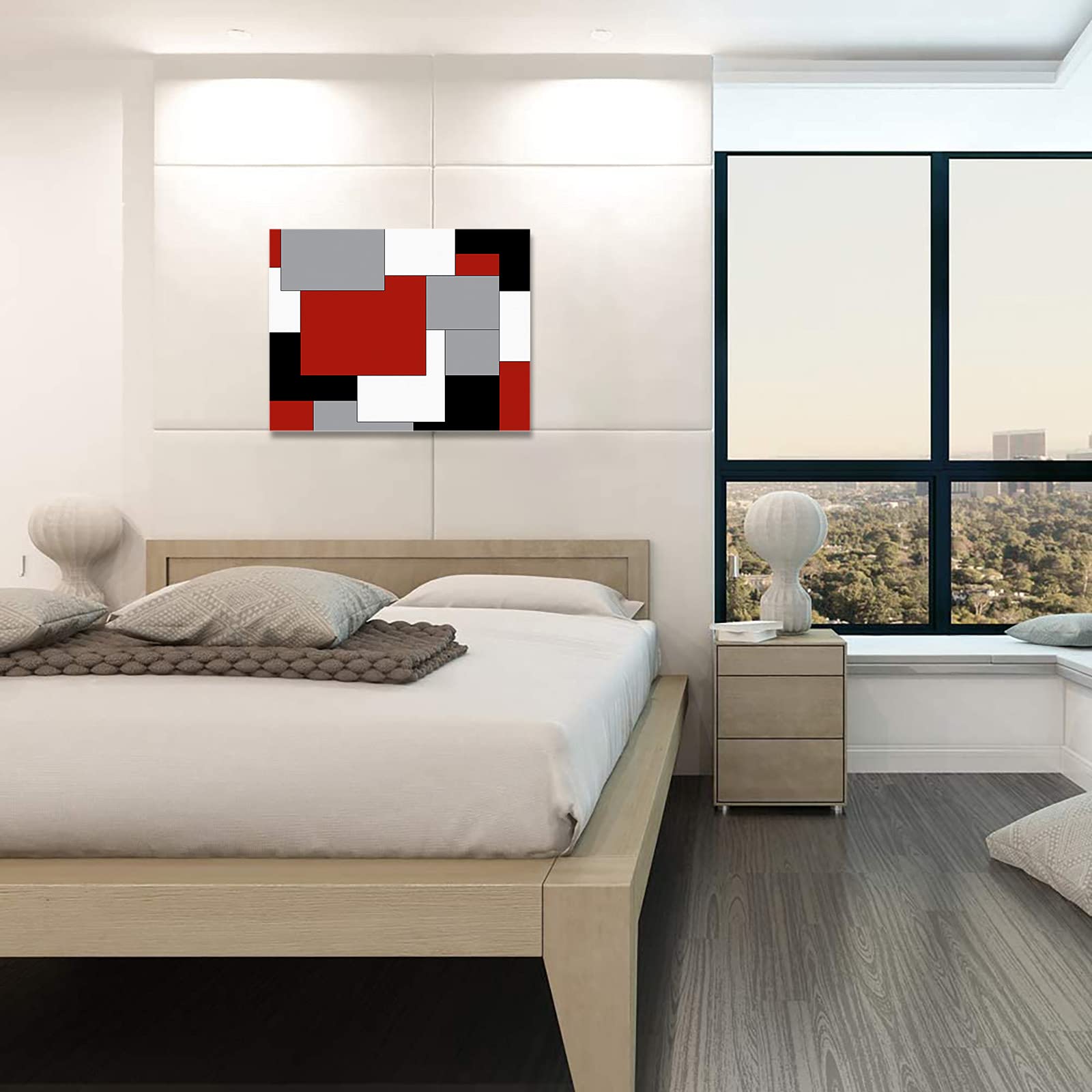 Mid Century Abstract Geometric 3D Framed Canvas Wall Art - Red Gray Black Digital Print Painting for Living Room, Office & Kitchen Decor - 20x24 Inch Modern Home Decoration | Perfect for Contemporary Spaces & Gift Giving
