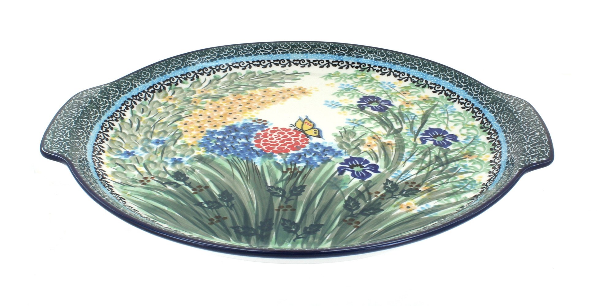 Handmade Blue Rose Polish Pottery Teresa Round Serving Tray with Sturdy Handles - Perfect for Tea Parties, Breakfast in Bed & Home Decor