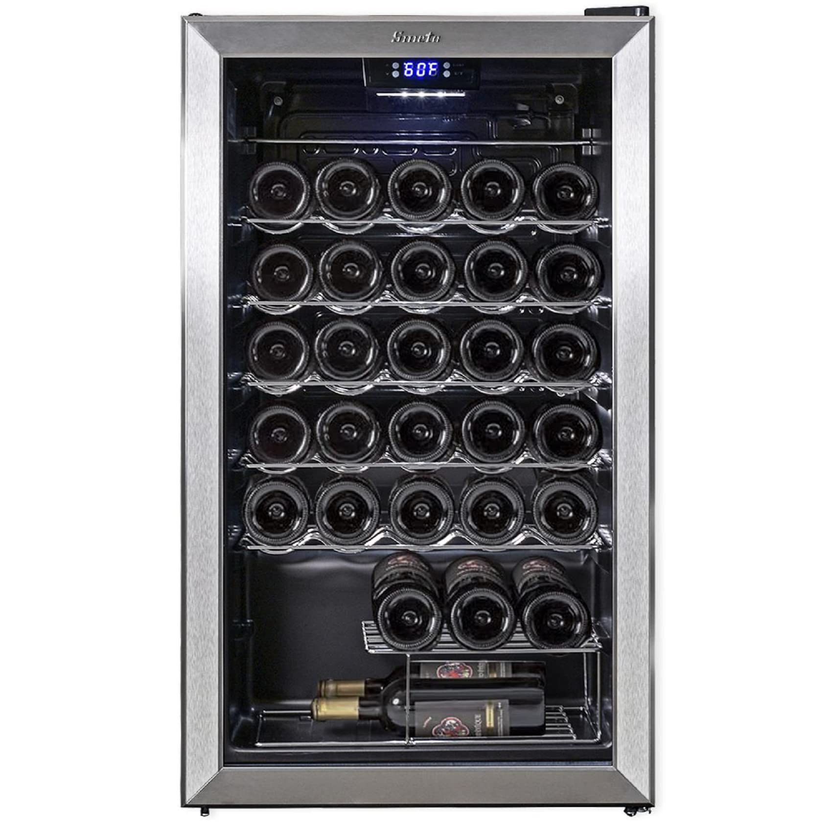 SMETA 33 Bottle Under Counter Wine Cooler - Stainless Steel Black Wine Fridge with Glass Door, Digital Touch Screen & LED Lights for Beer, Wine & Drinks (95L) - Perfect for Home Bars, Restaurants, and Wine Cellars