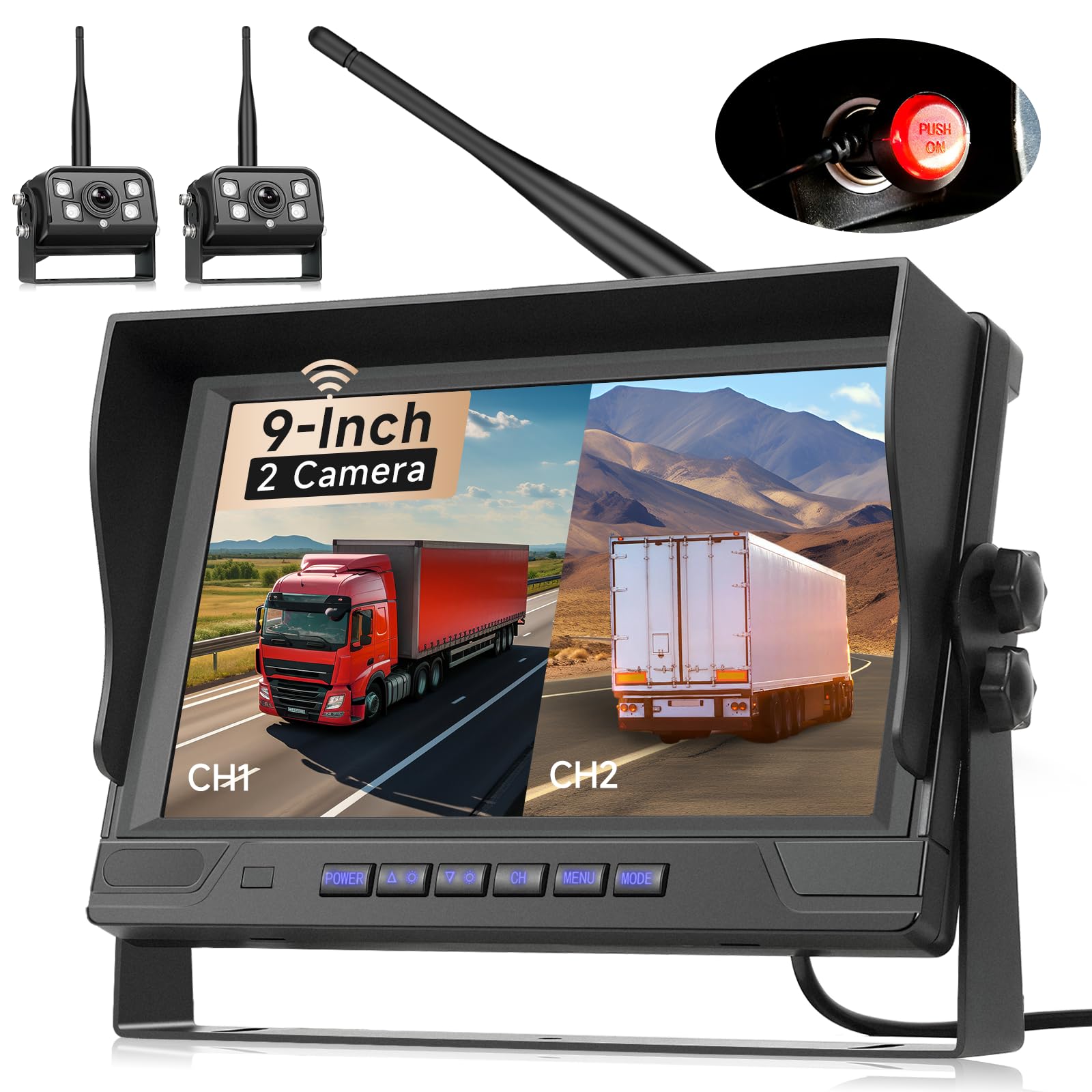 POFOFO 9-Inch AHD Wireless Backup Camera System with Night Vision & Waterproof Design - 2 Split Screen, DVR Dash for RV, Travel Trailer, Truck, Camper, Bus, Van, Pickup - Perfect for Safe Parking, Reversing & Blind Spot Monitoring