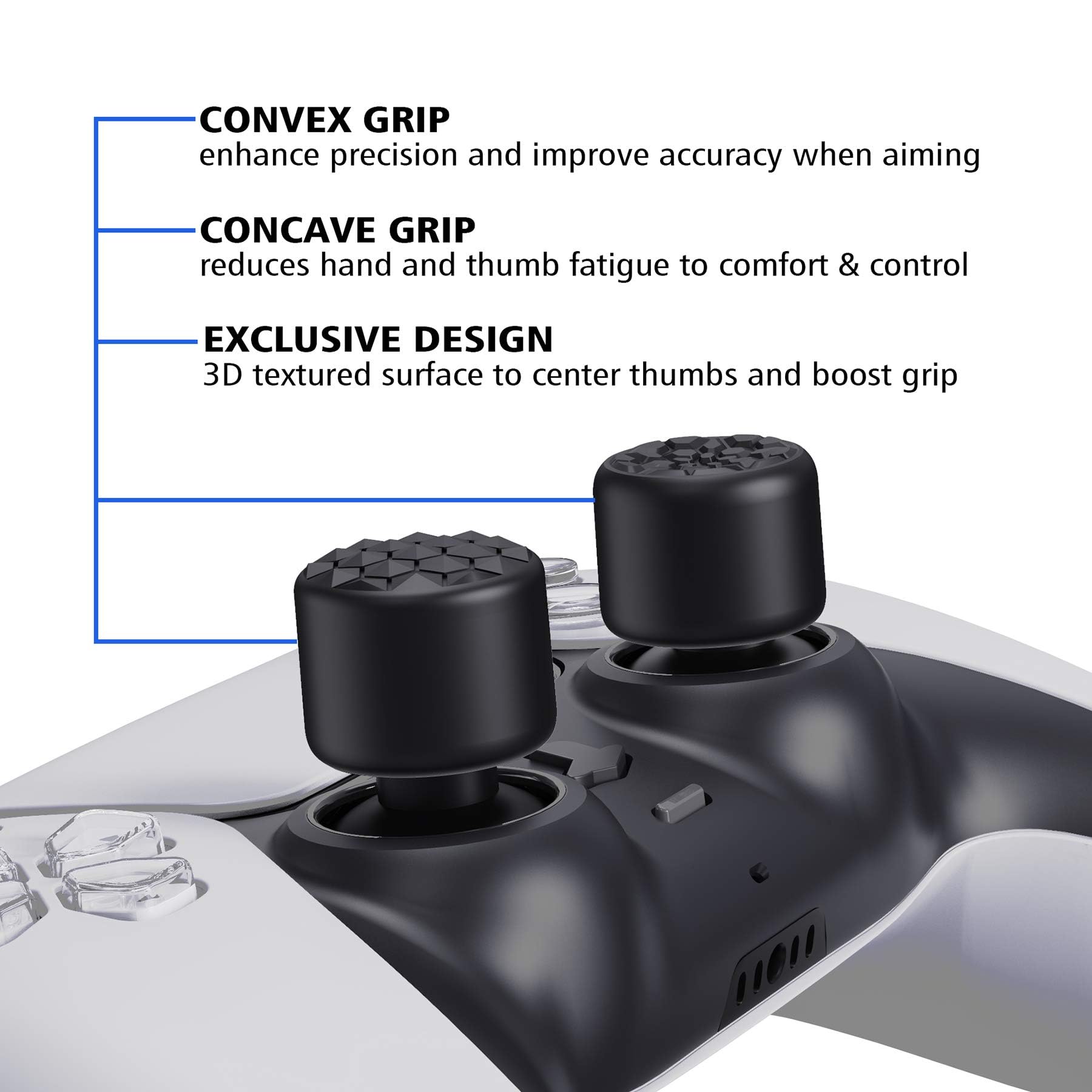 PlayVital Black Ergonomic Thumb Grips for PS5, PS4, Xbox Series X/S, Xbox One, Switch Pro Controller - 3 Height Adjustable Convex & Concave Caps with Diamond Texture & Bomb Design - Perfect for Gaming, FPS, Racing & Long Sessions