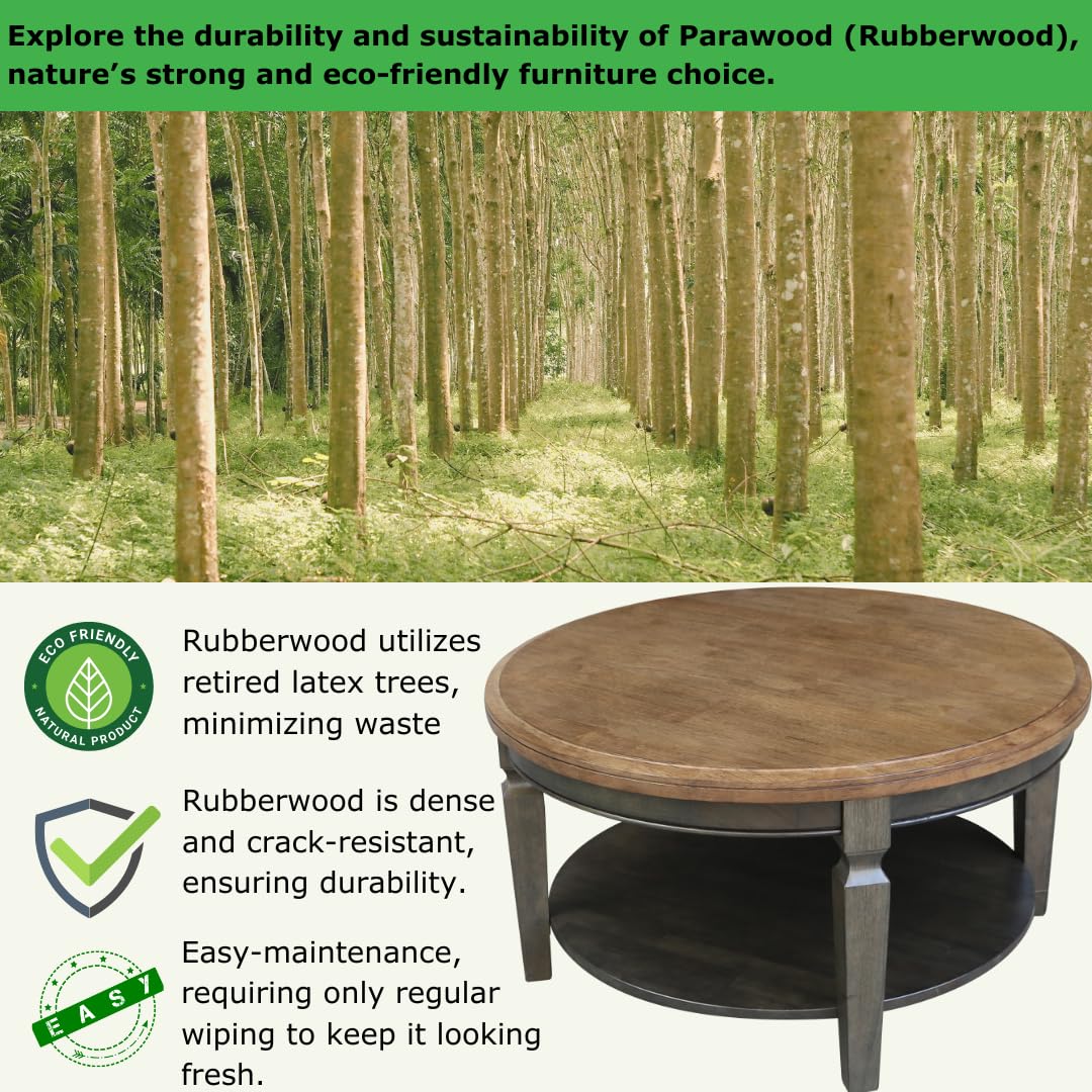 Solid Real Wood Round Coffee Table - Parawood & Hickory for Living Room