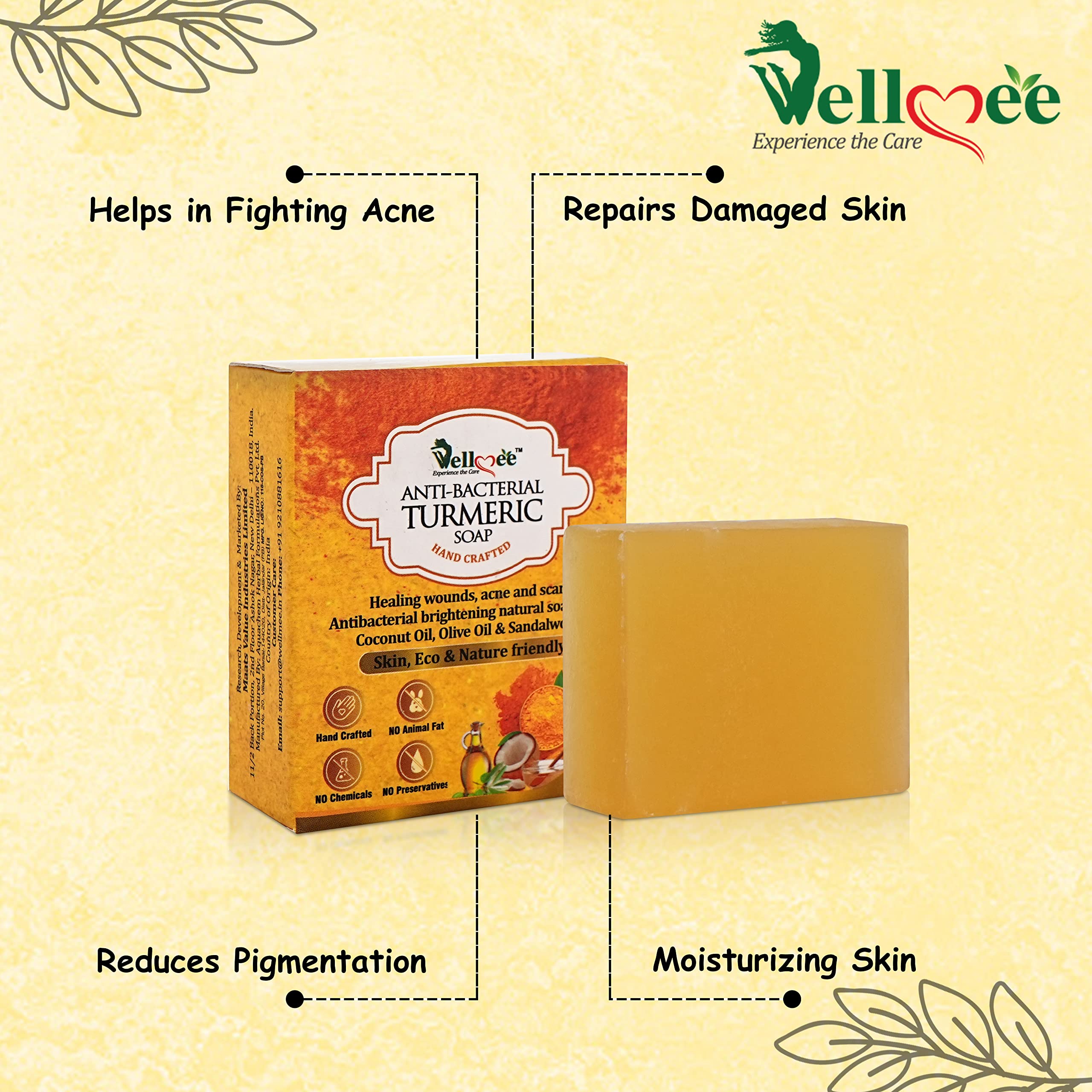 WELLMEE Anti-Bacterial Turmeric Handmade Soap with Coconut Oil & Olive Oil - Natural Brightening, Acne Treatment & Scar Healing Soap (100g) - Perfect for Daily Skincare & Wound Care