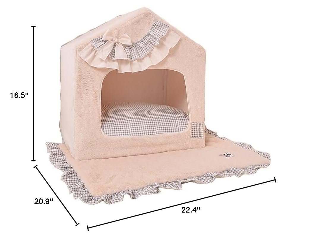 Handmade Princess Pet Bed for Small Dogs & Cats - Cozy Washable Sofa Cushion with Removable Cover, Warm Frame Tent House (Beige Grid, Medium) - Perfect for Indoor Lounging & Nap Time