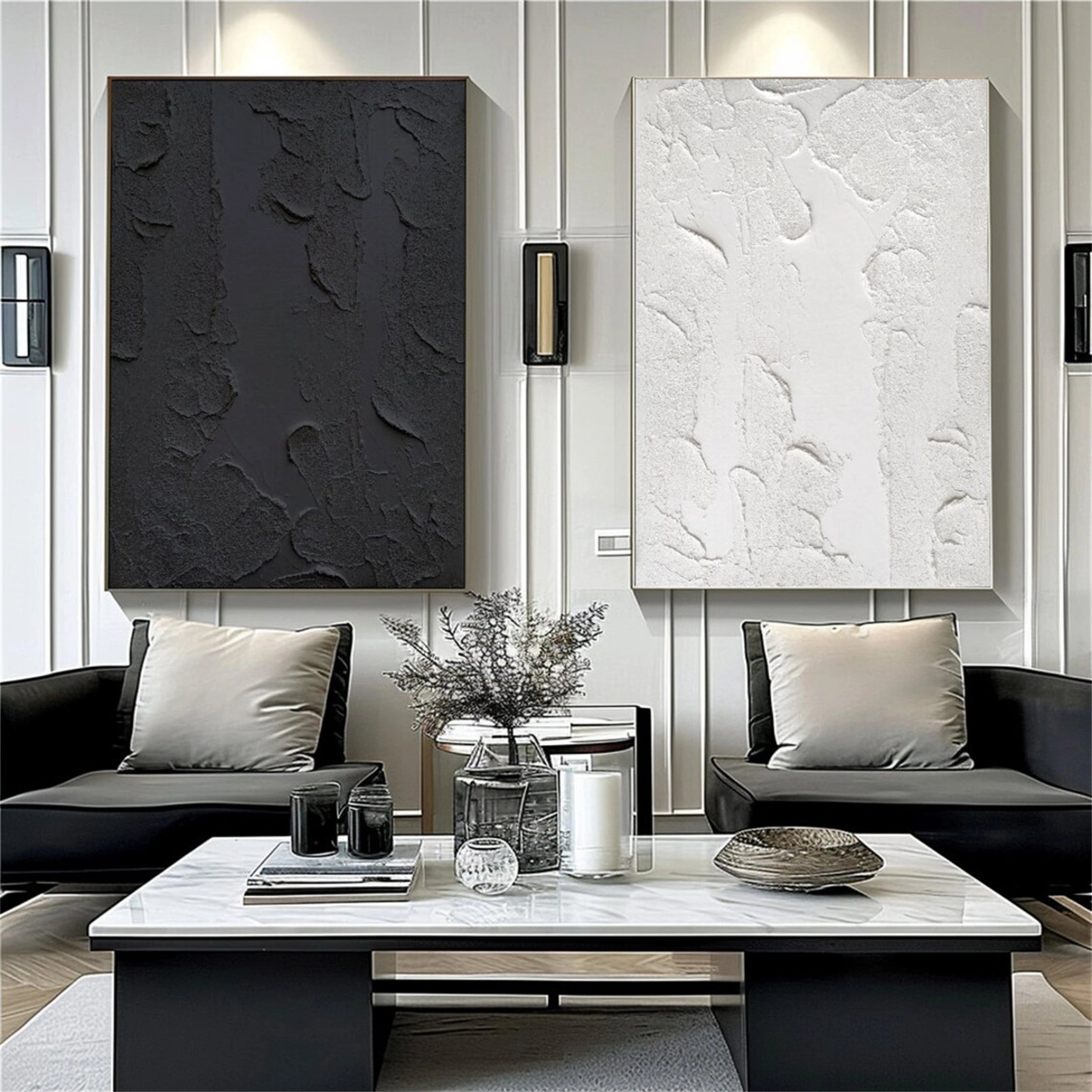 Modern Black and White Textured Minimalist Wall Art - Set of 2 Abstract Canvas Prints (#MZ074) | Perfect for Living Room, Bedroom & Office Decor