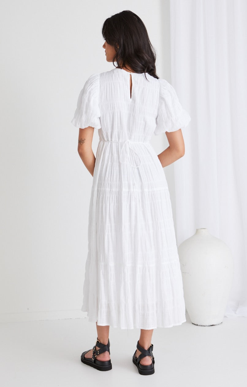 Elegant White Shirred Cotton Bubble Sleeve Tiered Maxi Dress for Women - Perfect for Summer Beach Vacations, Weddings & Boho Chic Outfits