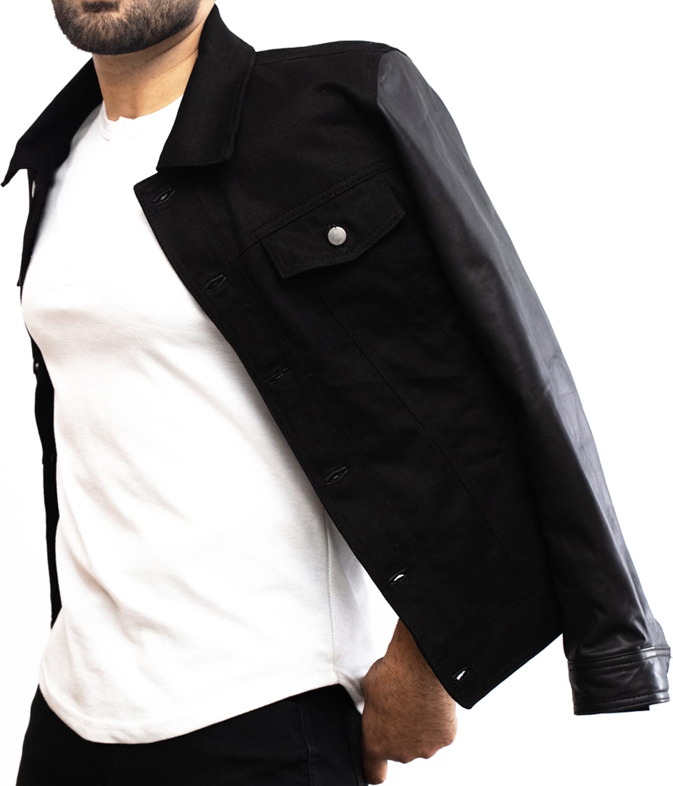Men's Fashion David Beckham Style Black Denim Varsity Jacket with Leather Sleeves (Size 3XL, Chest 50-51
