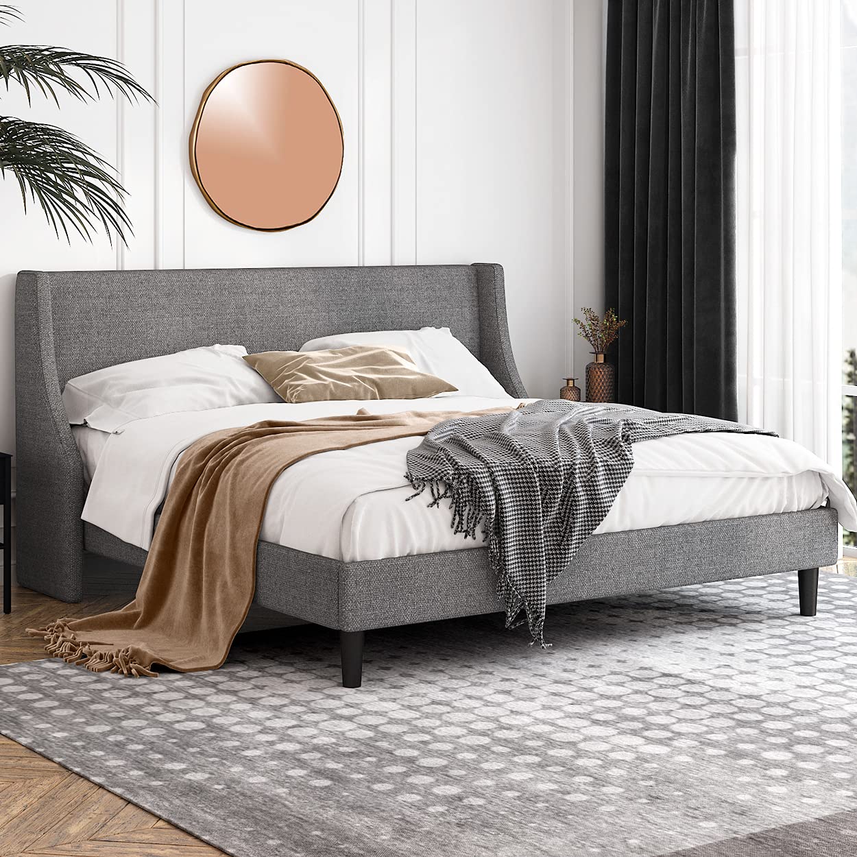 **King Size Platform Bed Frame with Wingback Headboard - Fabric Upholstered Mattress Foundation, Wooden Slat Support, Light Grey - Modern Bedroom Furniture for Master Bedroom & Guest Room**