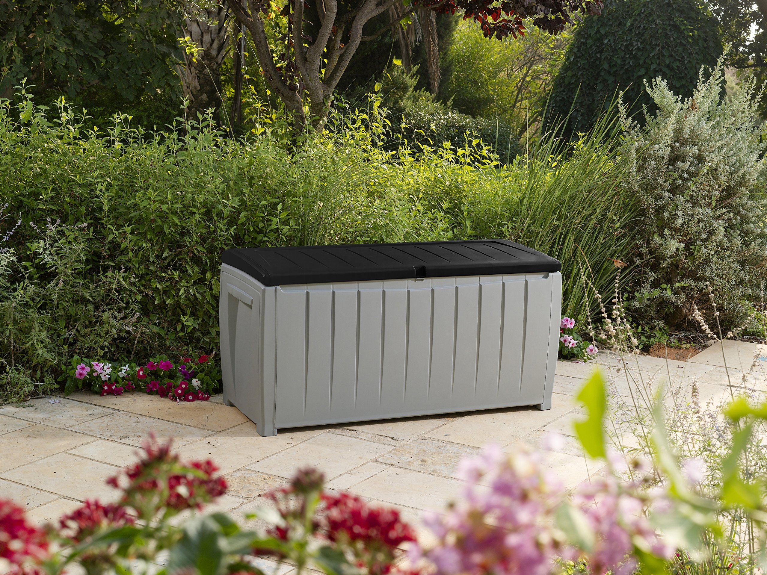 Durable Keter 90-Gallon Plastic Deck Storage Box for Outdoor Patio & Garden Furniture – Weather-Resistant, Black/Gray – Perfect for Storing Cushions, Tools & Pool Accessories