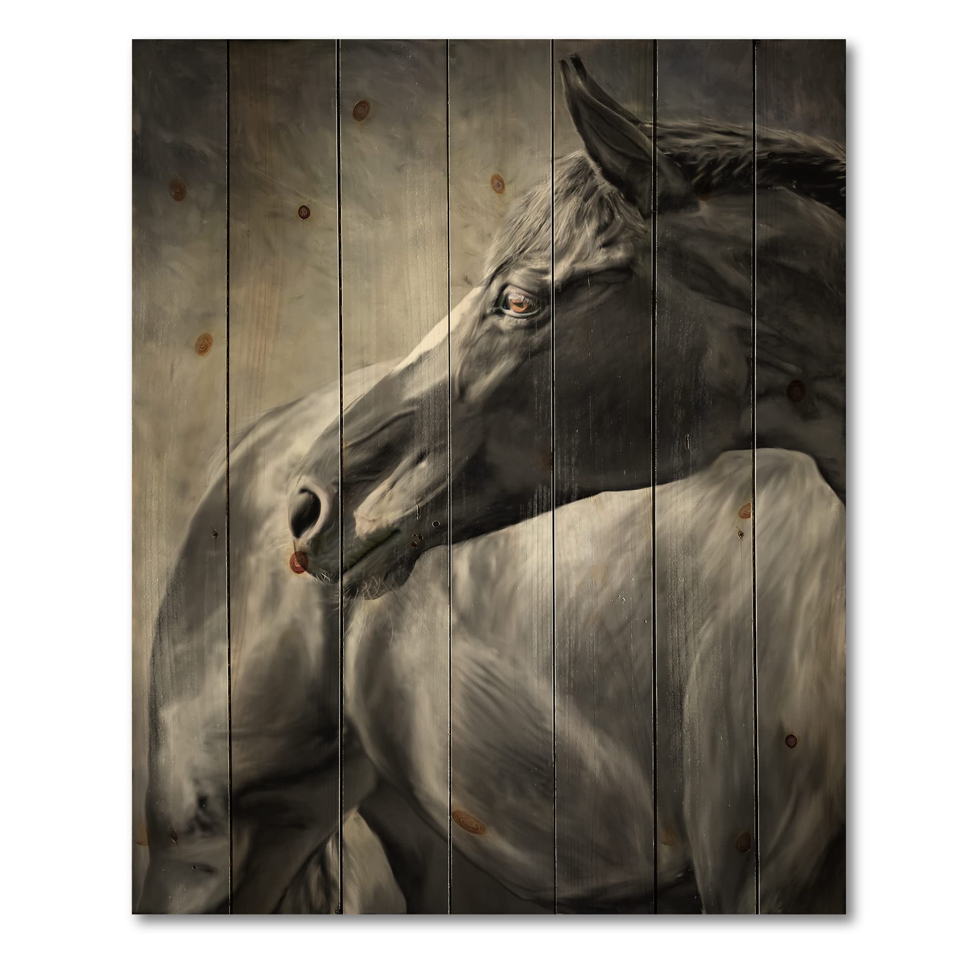 DesignQ Black Horse Portrait Farmhouse Wood Wall Decor - Large Animal Wall Art Panel Printed on Natural Pine Wood - Perfect for Living Room, Bedroom & Rustic Home Decor