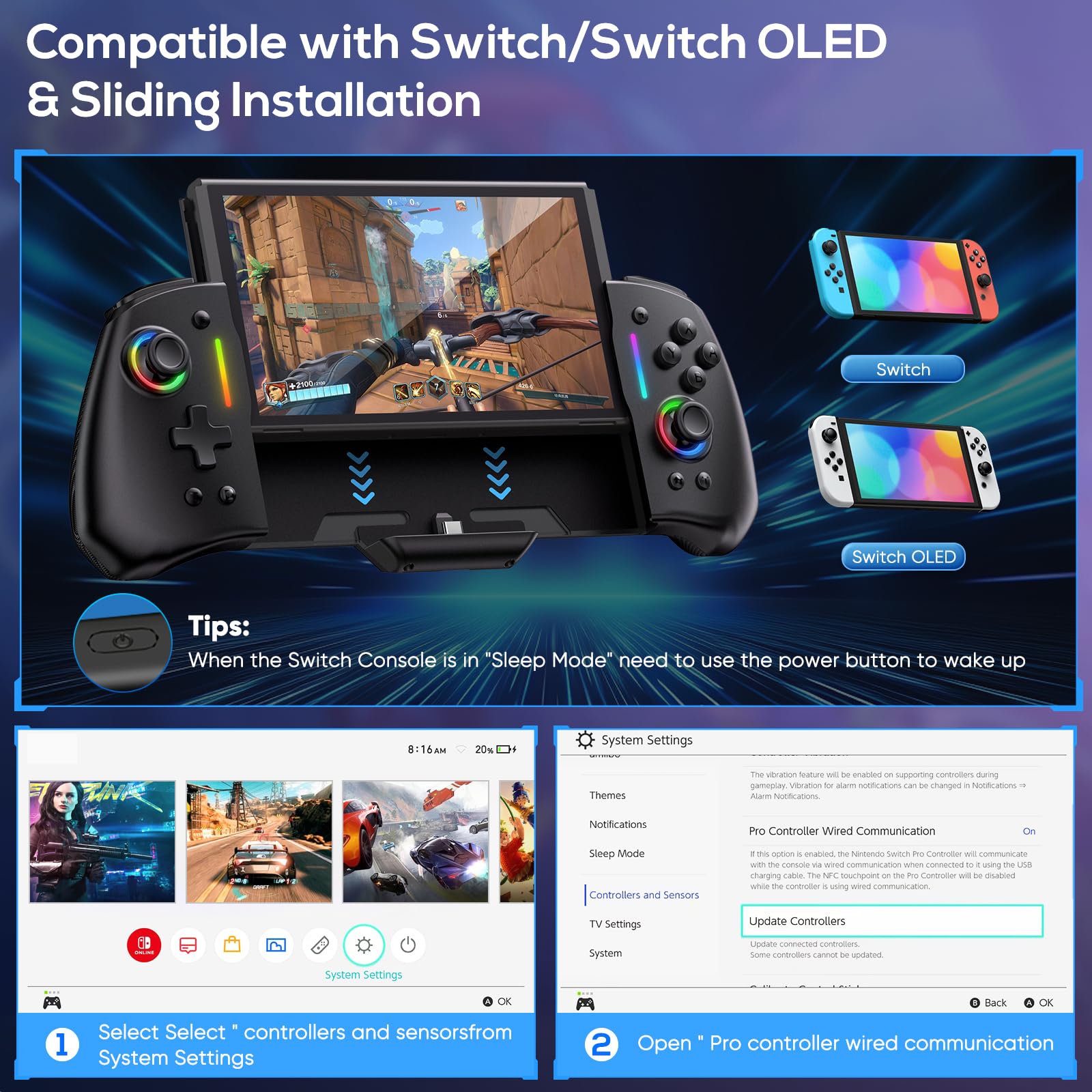 Wireless Pro Controller for Nintendo Switch/OLED - RGB Backlit Joy-Con with Adjustable Turbo, Dual Vibration Motors, Ergonomic Grip - Perfect for Gaming at Home or On-the-Go