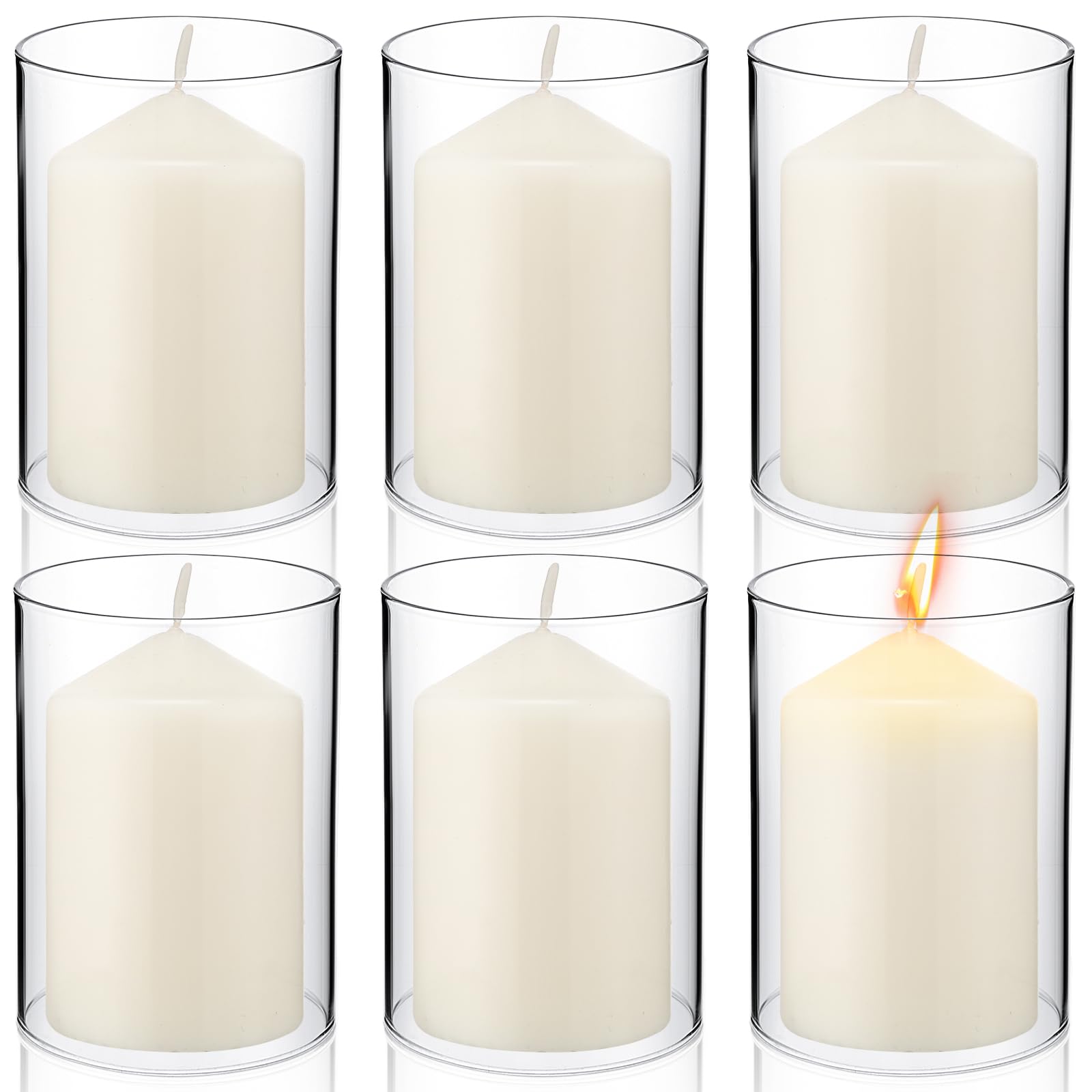 Yaomiao 6-Piece Clear Glass Hurricane Candle Holder Set with Unscented Pillar Candles - 2.5 x 4 Inch Open-Ended Cylinder Candle Sleeves for Wedding, Dining Table, and Home Decor