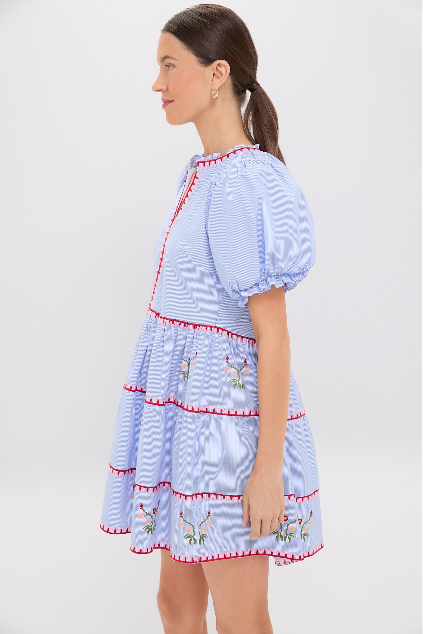 Blue Pinstripe Embroidered V-Neck Lillian Mini Dress for Women - Elegant Cocktail Party & Summer Wedding Guest Outfit