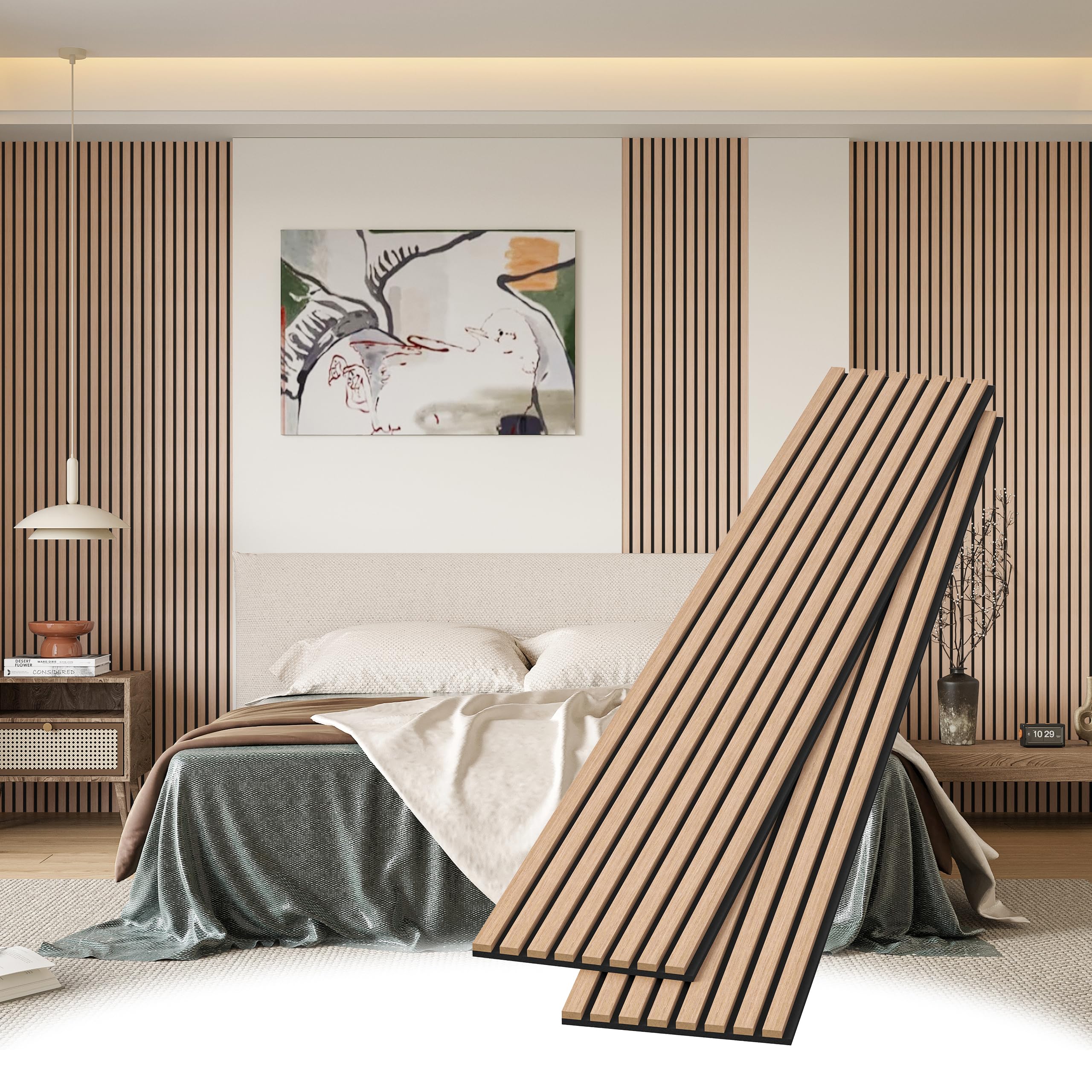2 Pack Oak Wood Slat Wall Panels - 8x1 ft Decorative Acoustic Wood Panels with Felt Backing for Modern Interior Wall Decor | Bedroom, Living Room, Office & Commercial Space Soundproofing