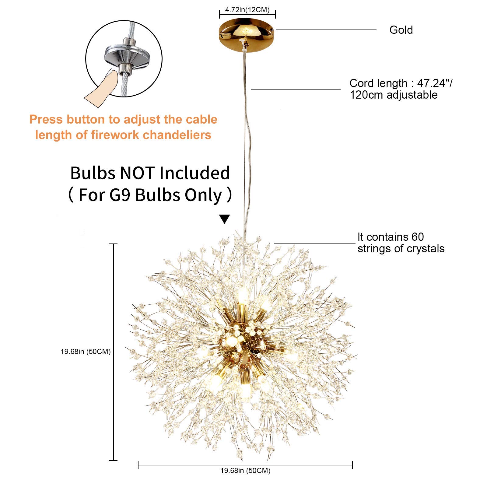 Modern Crystal LED Chandelier - 9-Light Gold Firework Dandelion Ceiling Light Fixture for Bedroom, Living Room, Dining Room | Elegant Lighting for Home Decor, Restaurants & Bars | Energy-Efficient Dimmable Hanging Light for Romantic Ambiance & Special Occasions