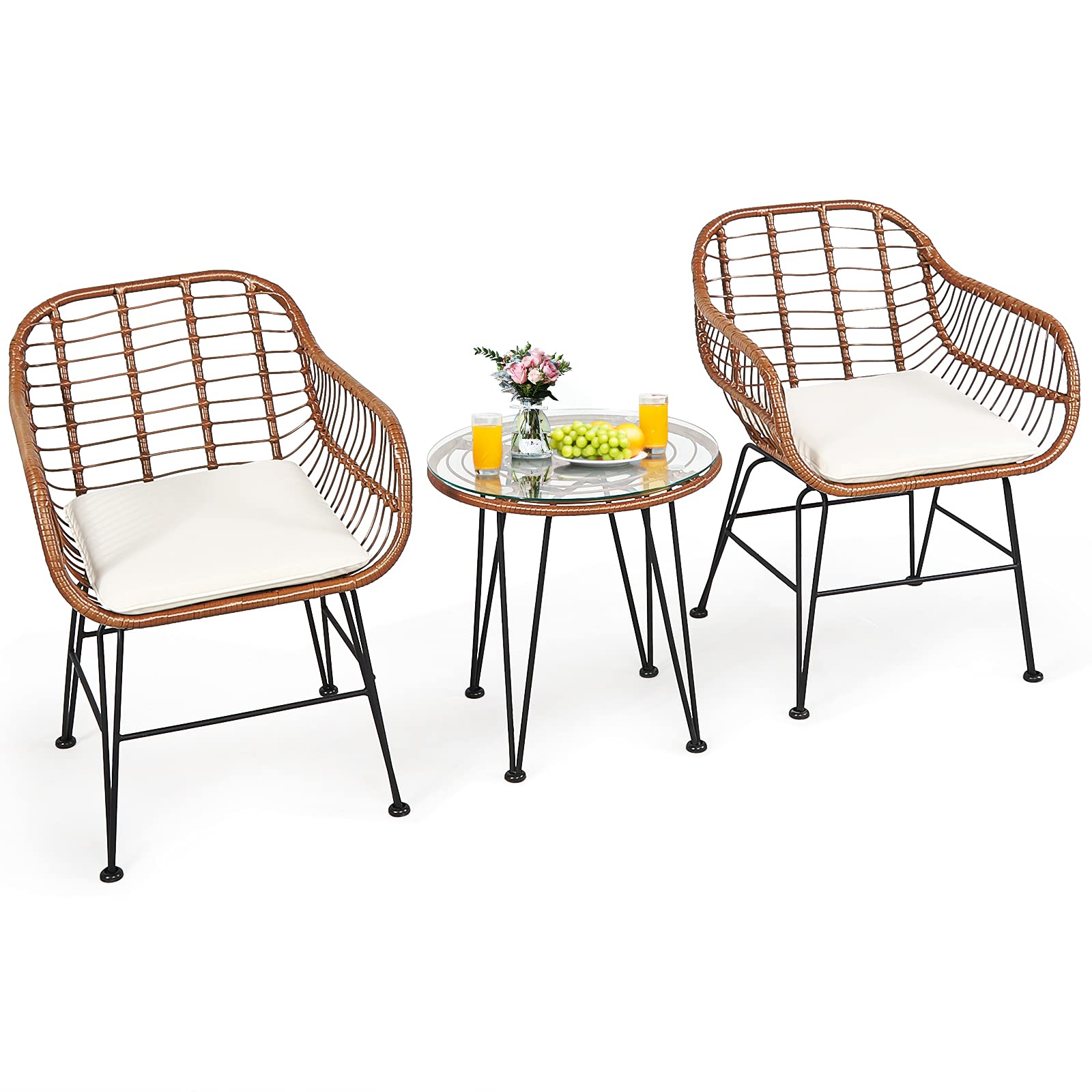 Tangkula 3-Piece Outdoor Patio Conversation Set with Round Glass Table & 2 Rattan Chairs - Wicker Bistro Furniture with Cushions for Porch, Backyard, Garden - Perfect for Relaxing, Entertaining & Outdoor Dining