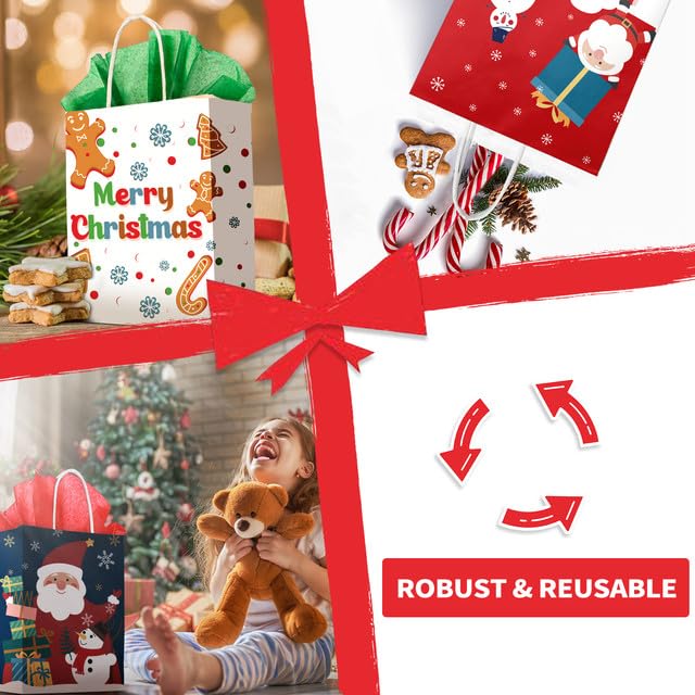 30-Pack Christmas Gift Bags 7.5x9x3.5 Inches - Durable Holiday Gift Bags with Handles & Tissue Paper - 6 Festive Designs for Xmas Presents, Party Favors & Reusable Packaging - Perfect for Christmas Parties, Office Gifts & Holiday Celebrations