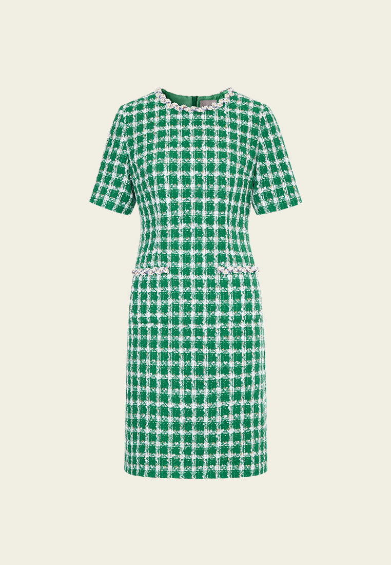 Emerald Green Check Tweed Dress for Women - Vintage Style A-Line Dress with Pockets - Perfect for Office, Cocktail Parties & Holiday Events