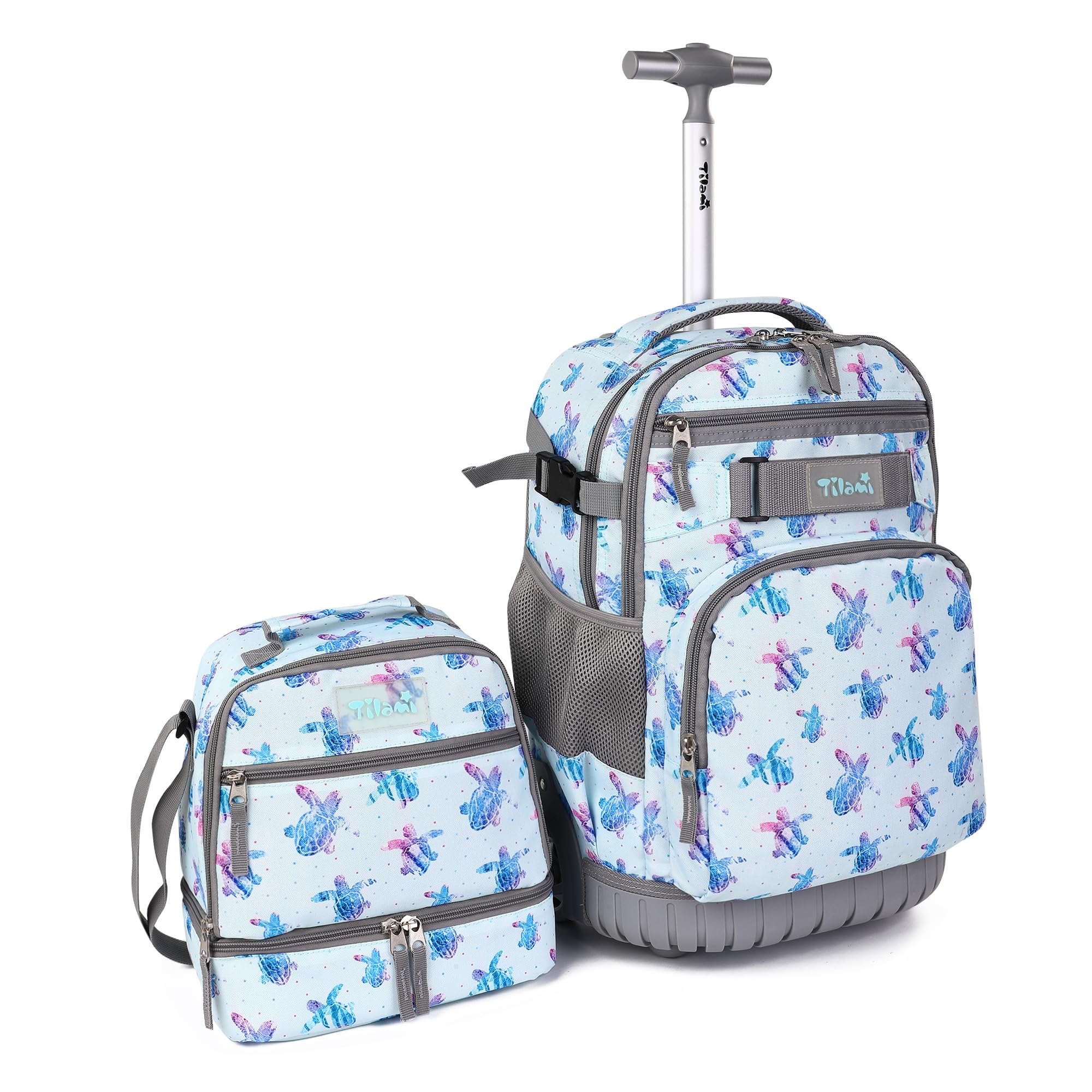 Tilami 19 Inch Rolling Backpack with Lunch Box - Wheeled Laptop Backpack for School & Travel - Durable Turtle Blue Carry-On Luggage for Students & Professionals - Perfect for Airports, Commuting & Daily Use
