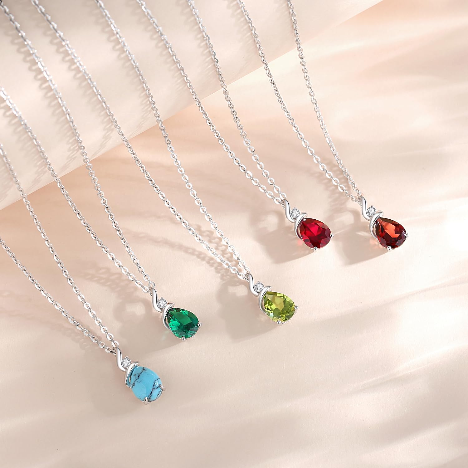 14K Solid White Gold Birthstone Pendant Necklace for Women | Pear-Shaped Diamond Teardrop Necklace | Personalized Birthday Gift for Mom | Sterling Silver Chain with 16