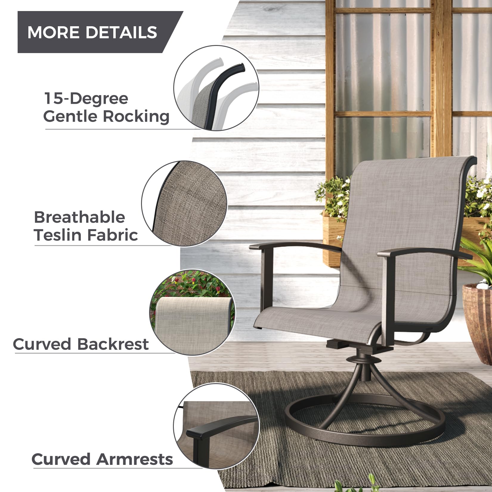 5-Piece Outdoor Dining Set for 4 with Swivel Chairs & Square Woodgrain Table - Patio Furniture with Umbrella Hole - Perfect for Backyard BBQs, Garden Parties & Poolside Dining