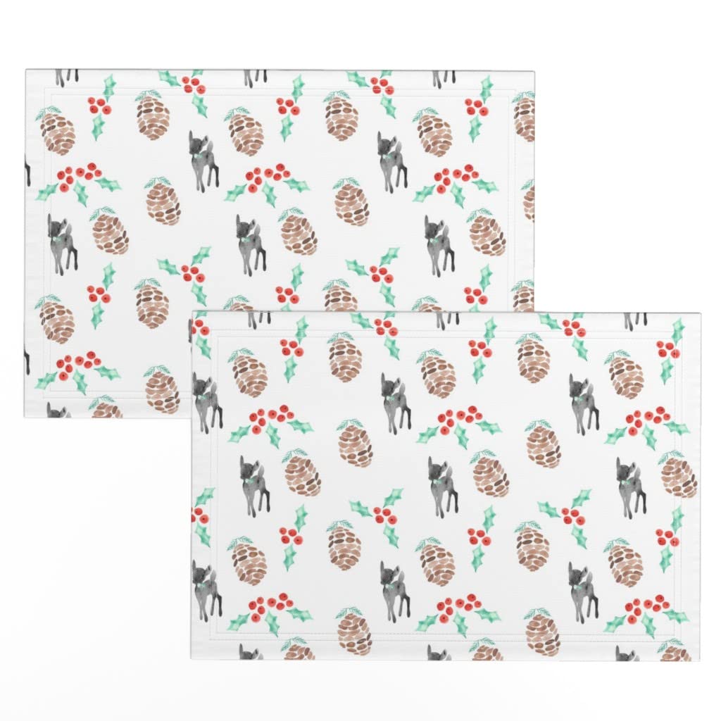 Premium Linen Cotton Canvas Placemats Set of 2 - Christmas Holiday Red Berry Pine Cone Print Table Mats for Dining Decor, Party & Seasonal Home Decoration