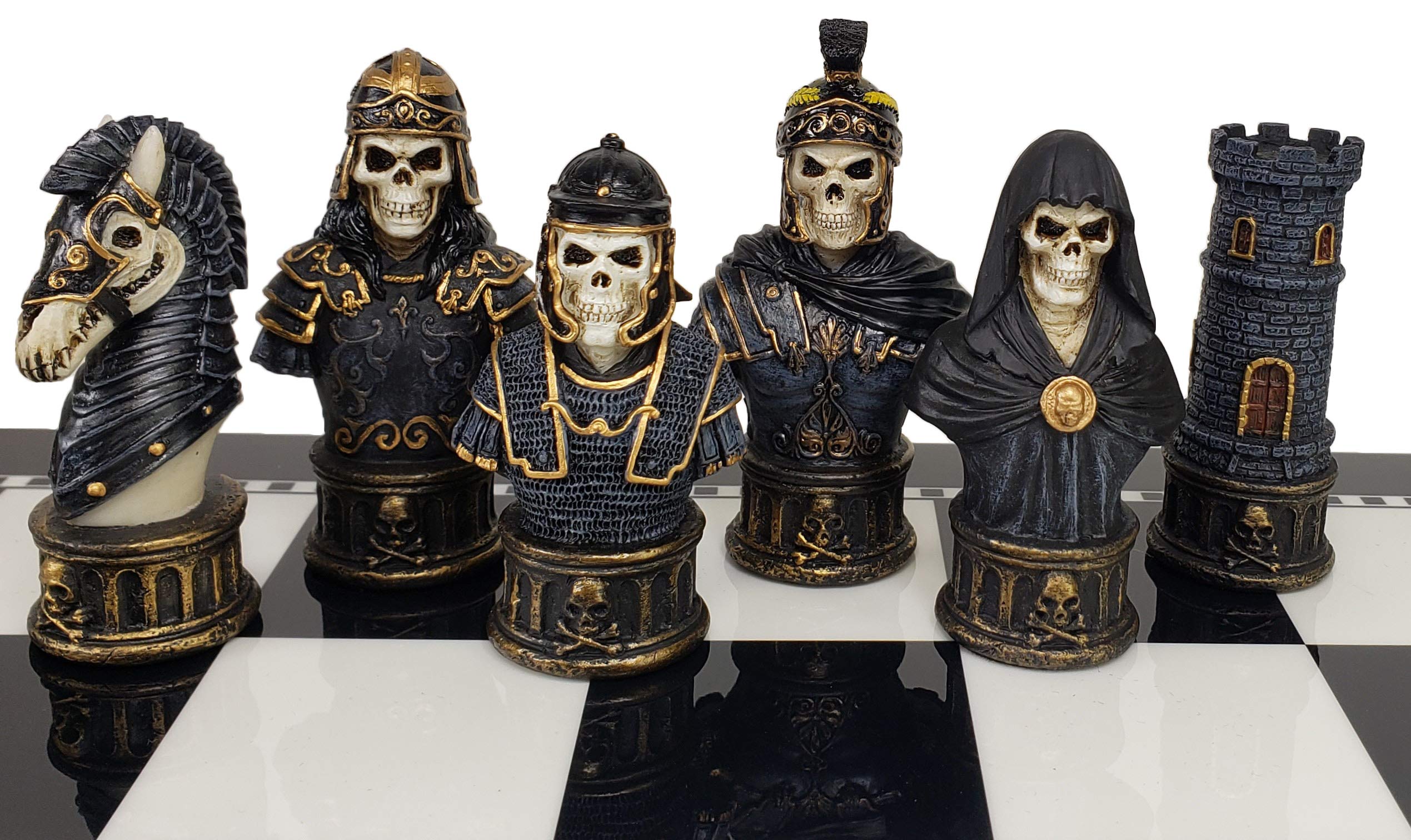 Medieval Gothic Fantasy Skeleton Chess Set with 17-inch Black & White Storage Board - Skull Busts Decor for Game Nights, Halloween Party & Dark Aesthetic Home Decor