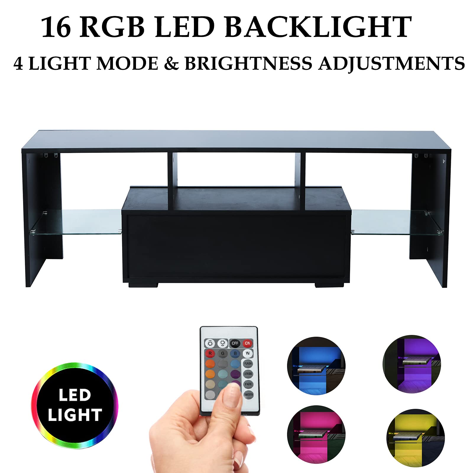55 Inch LED TV Stand with 20 Color Lights - Black High Gloss Entertainment Center with Storage Drawer & Glass Shelf - Perfect for Gaming Setup, Living Room & Bedroom TV Console