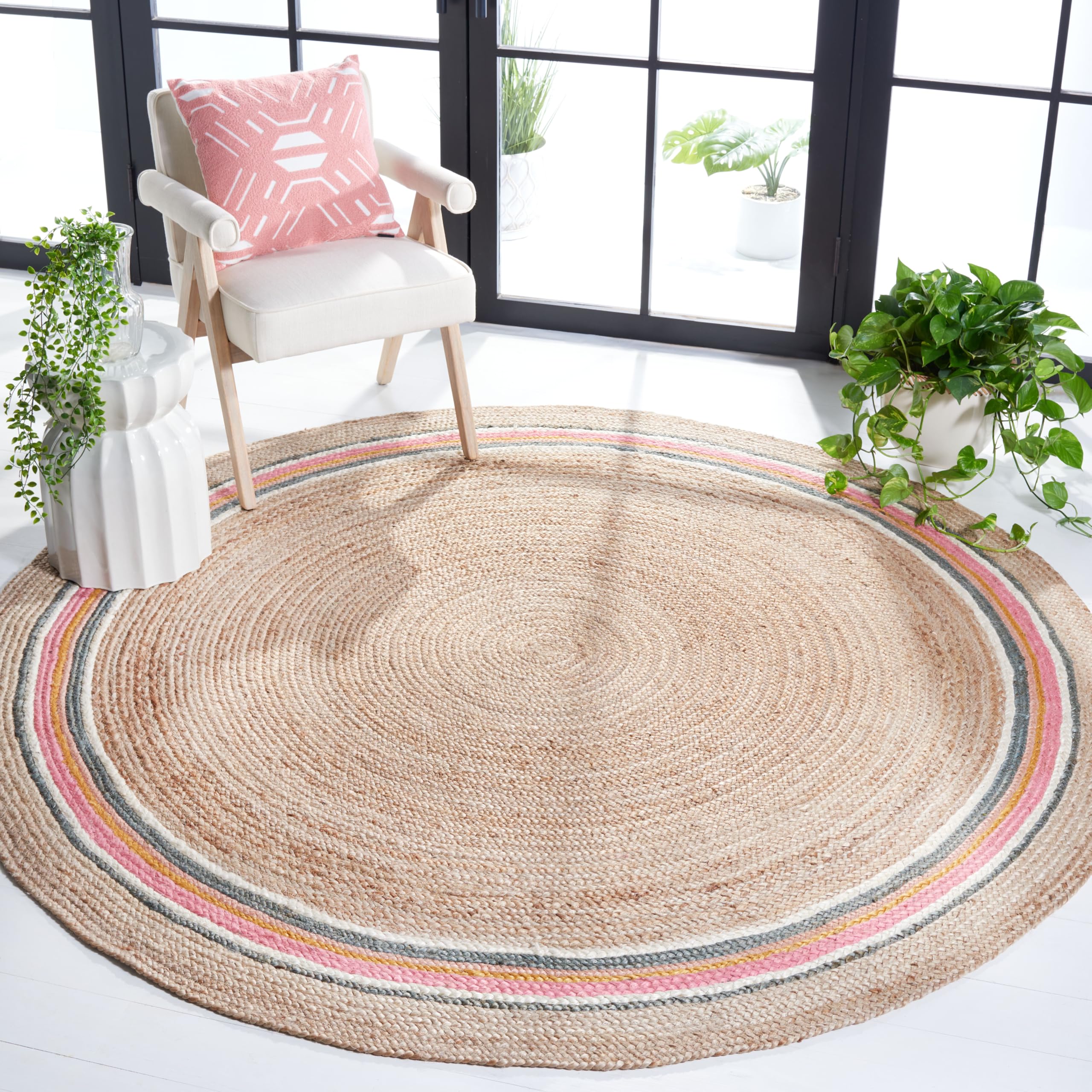 SAFAVIEH Handmade Boho Braided Jute Area Rug - 7' Round Natural Fiber Rug in Fuchsia & Beige (NF806R) | Perfect for Bohemian Living Rooms, Bedrooms & Cozy Spaces