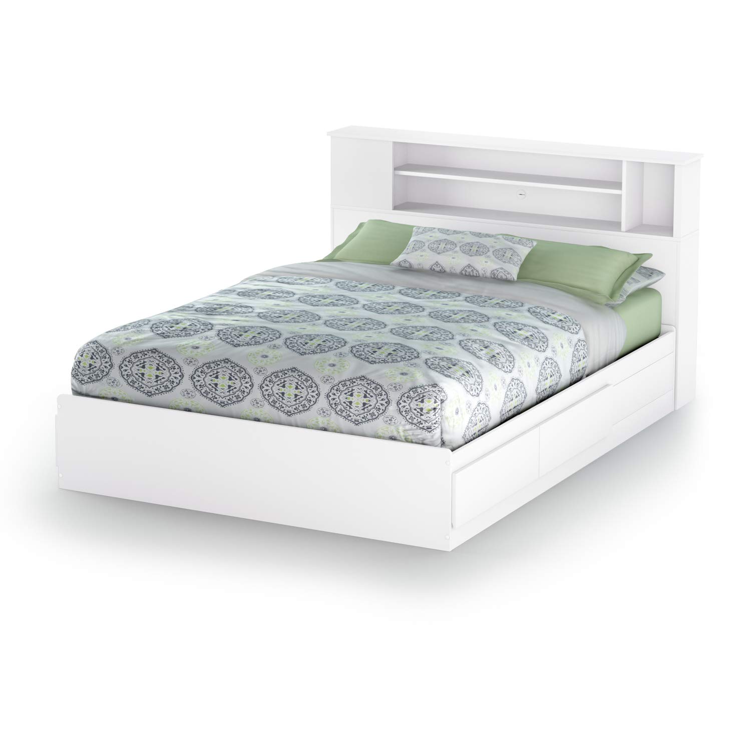 South Shore Vito Queen Bookcase Storage Bed in Pure White - Space-Saving Platform Bed with Built-in Shelves for Bedroom Organization | Perfect for Small Spaces, Dorms & Guest Rooms