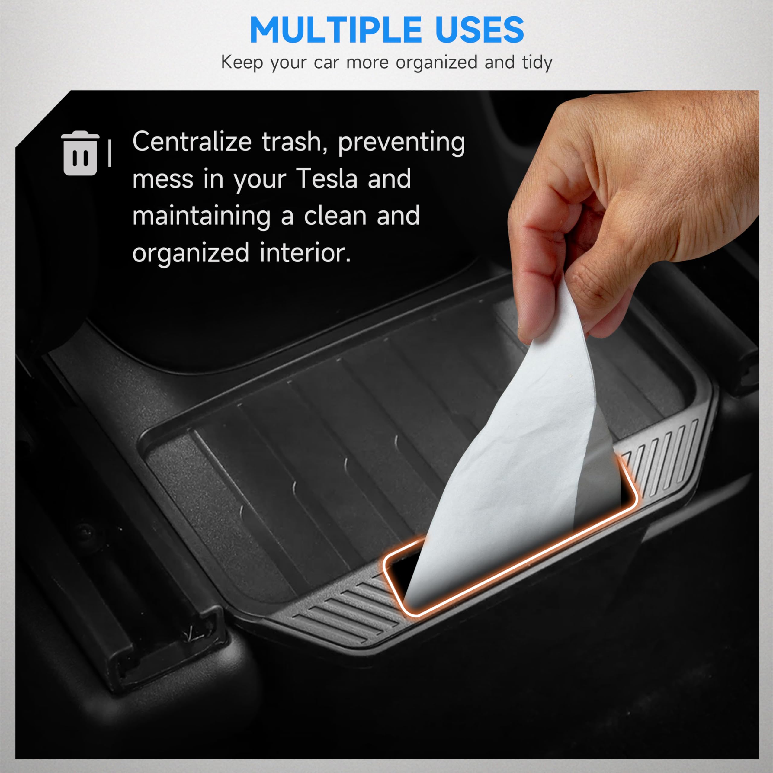 Tesla Model Y Rear Center Console Organizer 2020-2024 - Waterproof TPE Storage Box with Anti-Slip Lid - Car Trash Can & Seat Gap Organizer - Perfect for Road Trips, Family Travel & Daily Commute