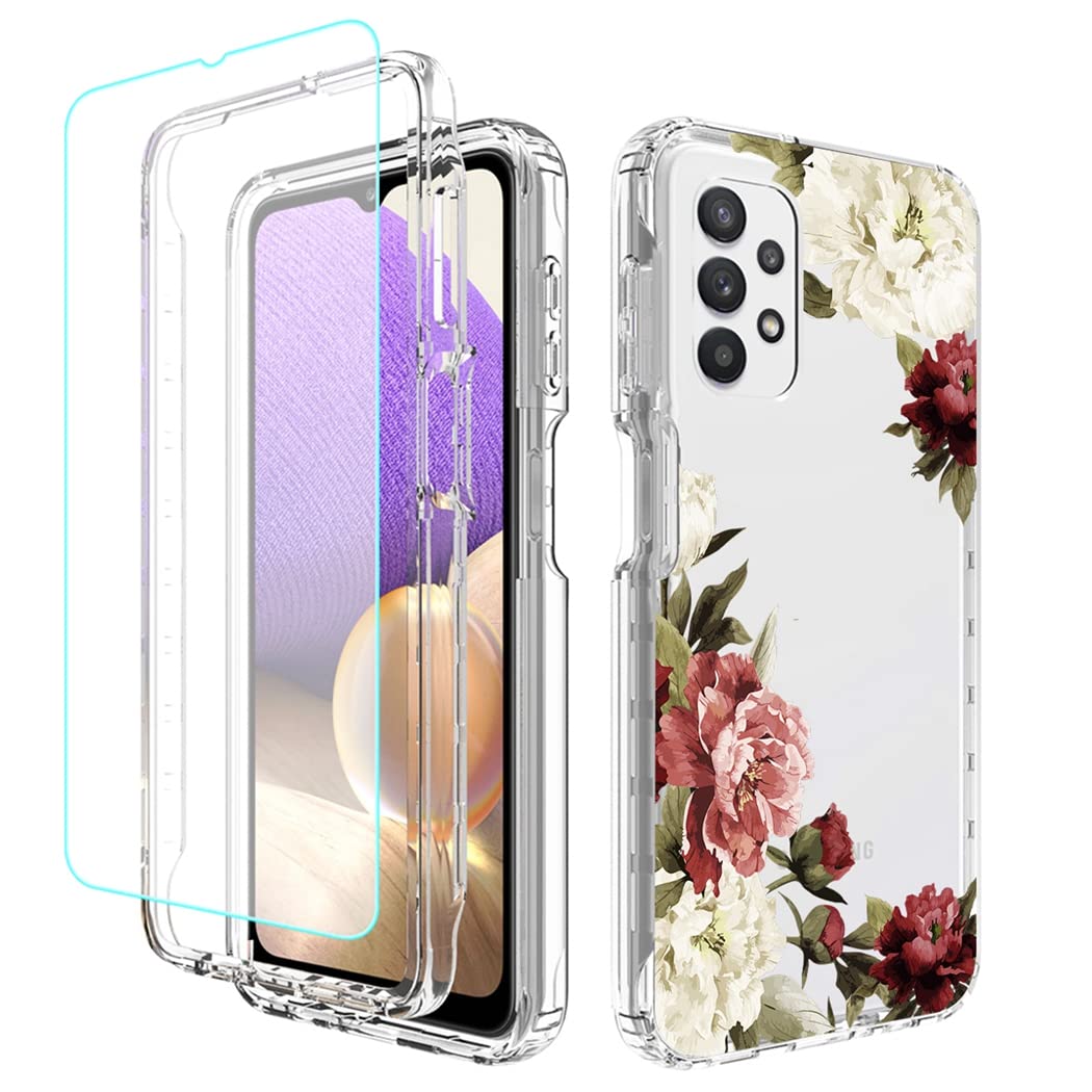 Premium Clear Floral Phone Case for Samsung Galaxy A32 5G & M32 5G - Shockproof Protective Cover with Tempered Glass Screen Protector - Cute Flower Design for Women Girls - Perfect for Daily Use, Work & Travel