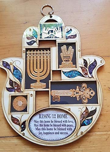 Hamsa Hand Wall Decor - Wooden Blessing Home Decor with Semi-Precious Stones for Good Luck & Protection | Jewish & Middle Eastern Inspired Housewarming Gift for New Home | Perfect for Living Room, Bedroom, or Office Wall Art