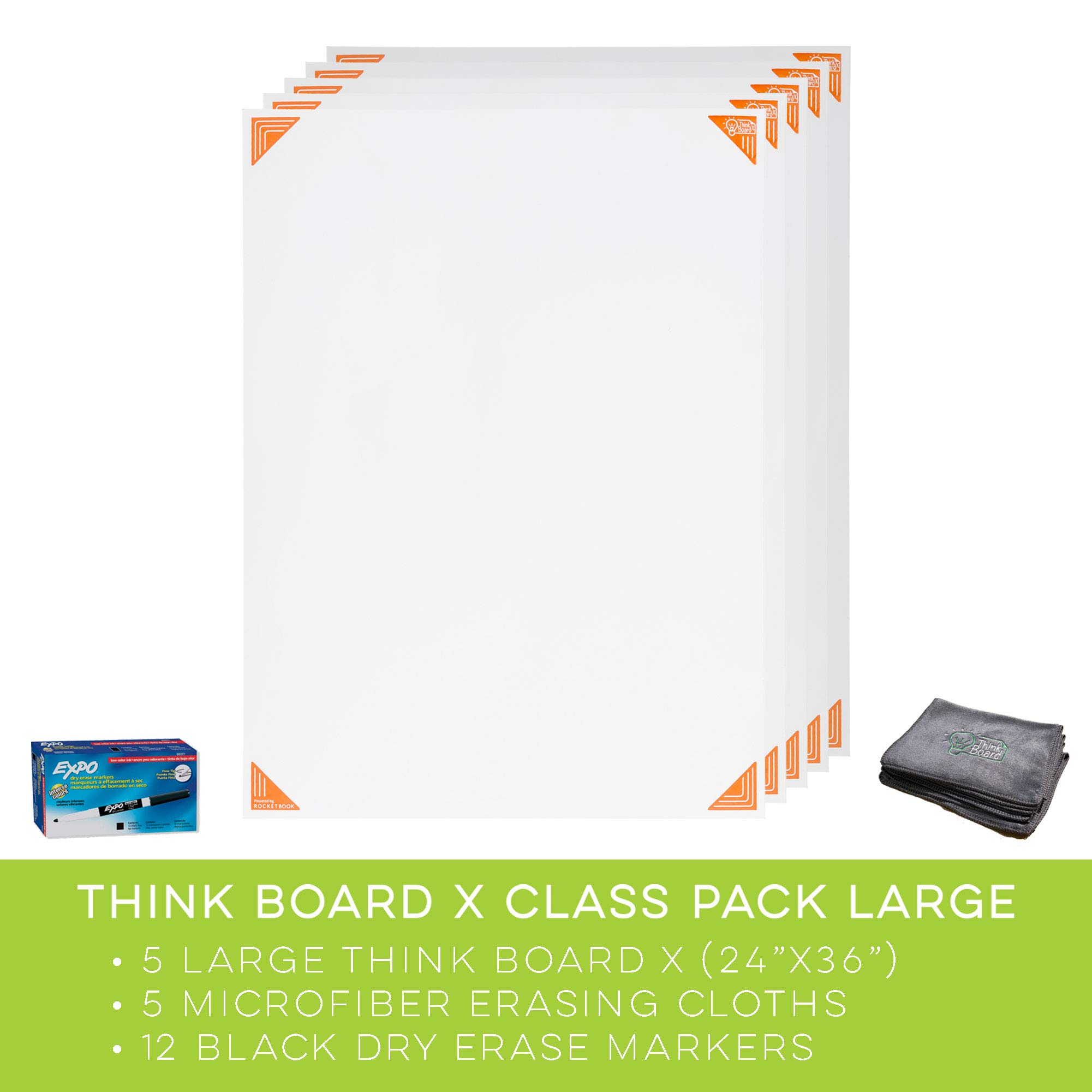 Rocketbook Think Board X Smart Whiteboard Film - Large Class Pack (5 Pack) with 5 Dry Erase Markers & 5 Cleaning Cloths - Reusable Digital Whiteboard for Classroom, Office & Home Use