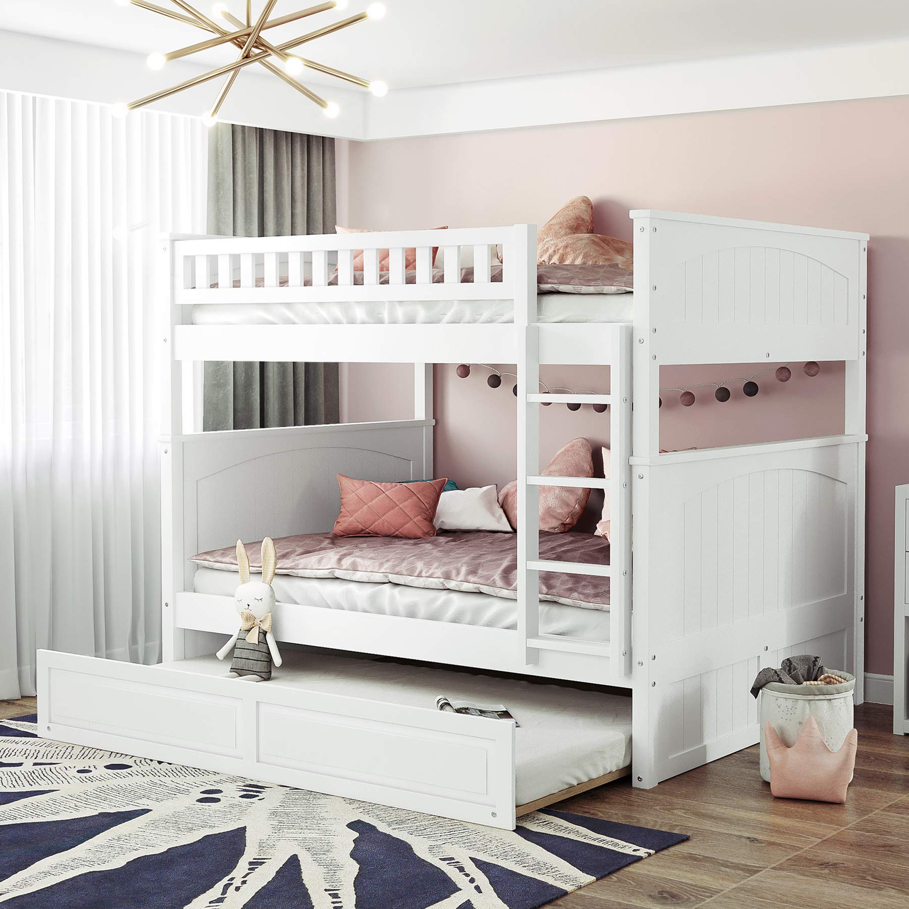 P PURLOVE Full Over Full Bunk Bed with Trundle - Solid Wood Bunk Bed Frame with Safety Guardrails for Kids & Teens - Space-Saving Bedroom Furniture for Small Rooms, Guest Rooms & Vacation Homes (White)