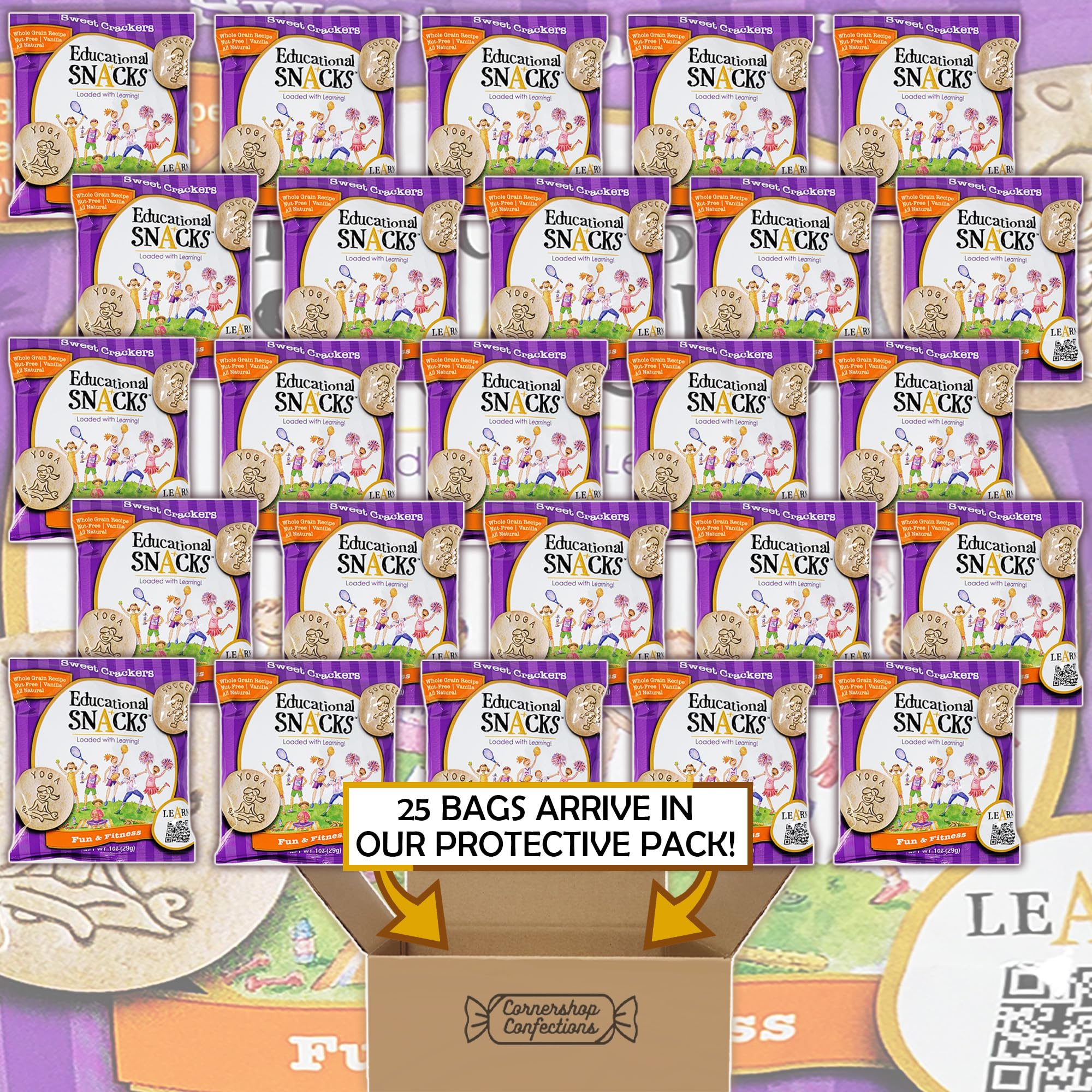 Educational Snacks Bulk Pack - 25 Individually Wrapped 1oz Bags | Vanilla Flavored Whole Grain Healthy Snacks | Nut-Free, All Natural Learning Treats for Kids | Perfect for School Lunches, Classroom Rewards & After-School Snacks