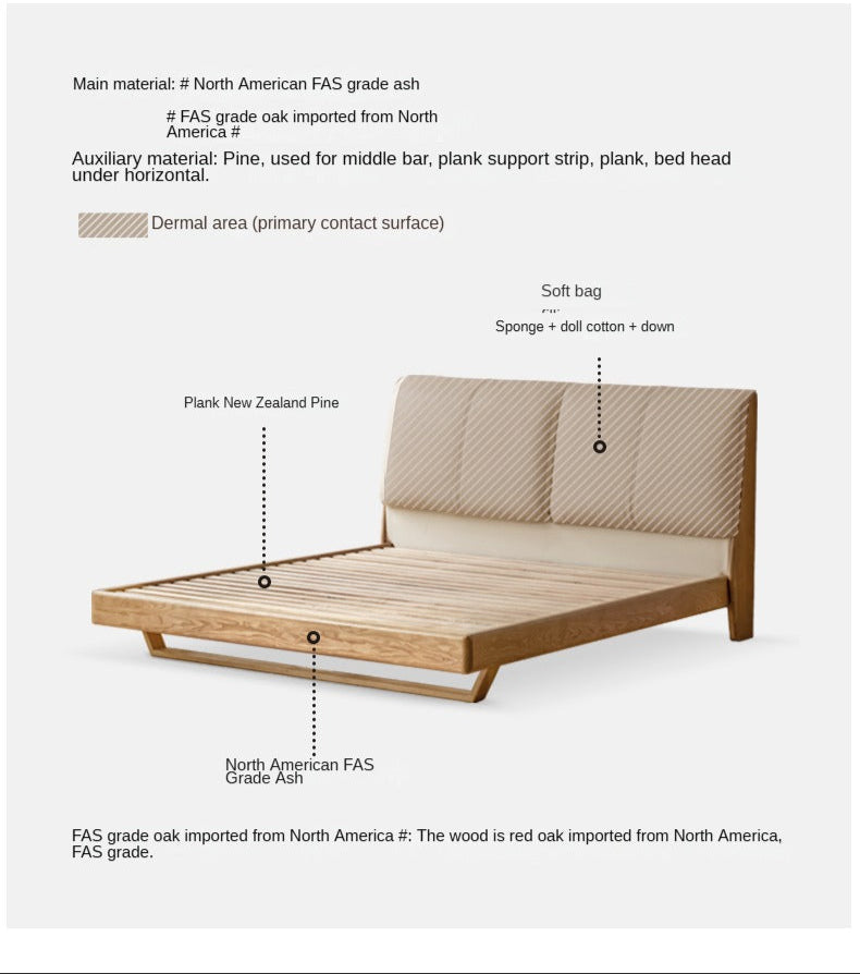 Italian Light Luxury Solid Wood Bed in Oak & Ash with Genuine Leather Upholstery - Perfect for Master Bedrooms, Guest Rooms & Modern Home Decor