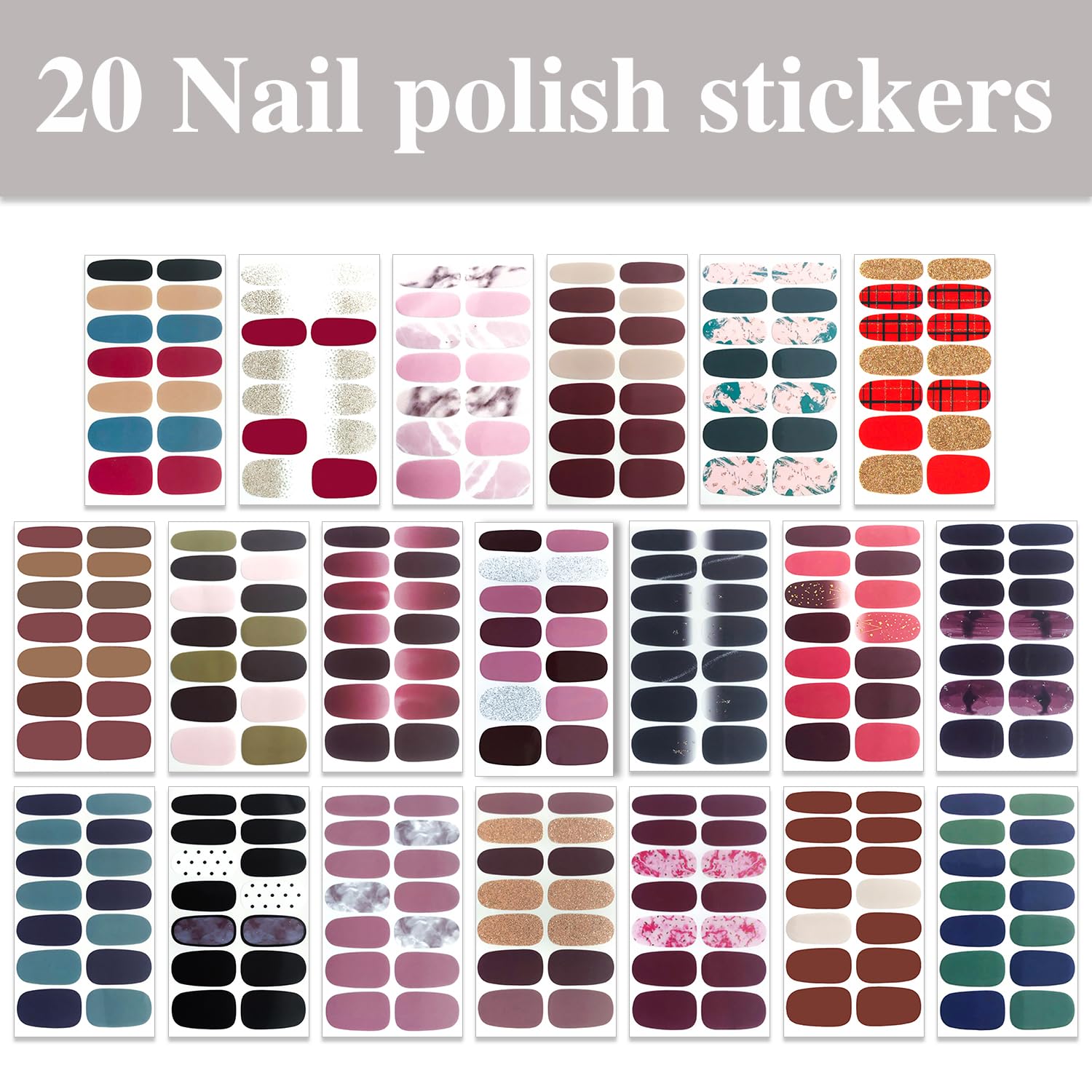 WOKOTO 20 Sheets Solid & Gradient Nail Wraps - Self-Adhesive Nail Polish Stickers for Women | Classic Nail Strips, Peel & Stick Gel Nail Art | Perfect for Home Manicures, Parties & Gifts