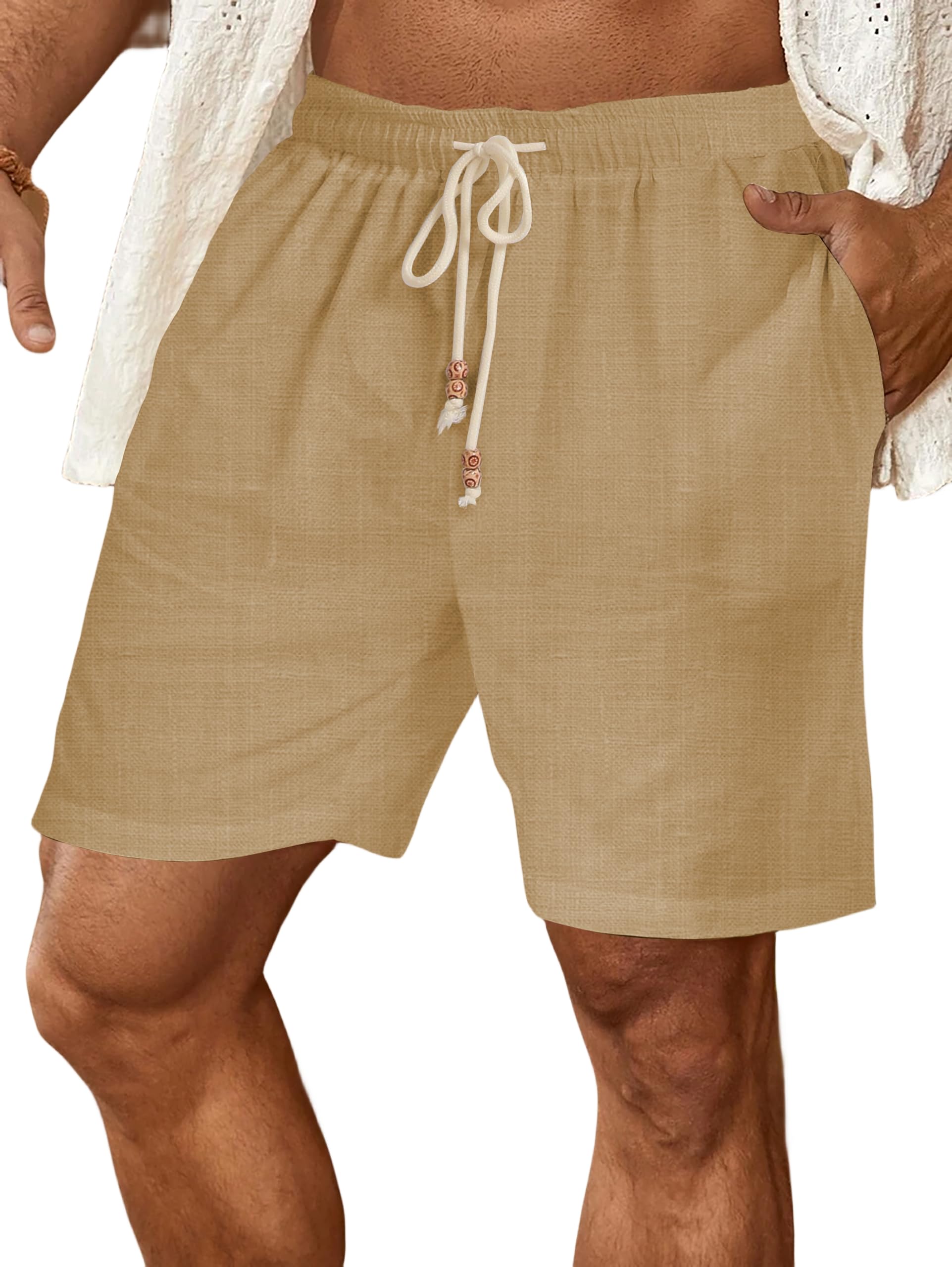 **Men's Linen Flat Front Shorts - Casual Elastic Waist Drawstring Summer Beach Shorts with Pockets - Perfect for Travel, Vacation & Outdoor Activities**