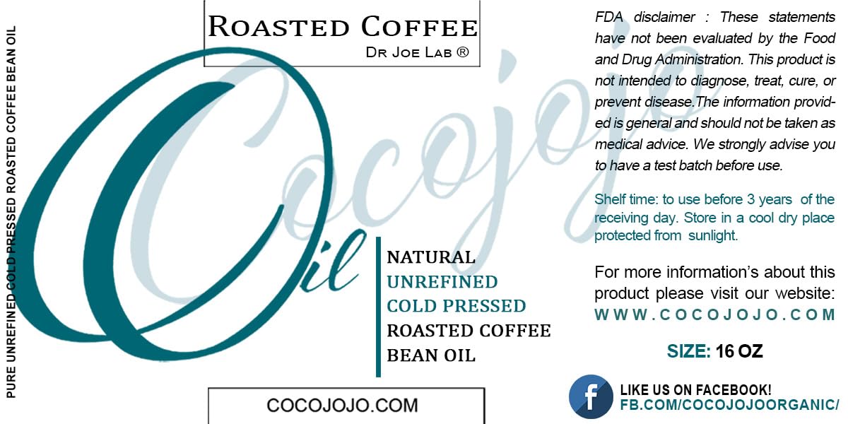 Organic Cold Pressed Roasted Coffee Bean Oil - 16 oz - Pure Non-GMO Moisturizer for Skin, Hair, Nails & Facial Care - Hydrating Antioxidant Treatment for Dry Skin, Eyelashes, Eyebrows & Cuticles - Perfect for DIY Beauty & Natural Skincare Routines