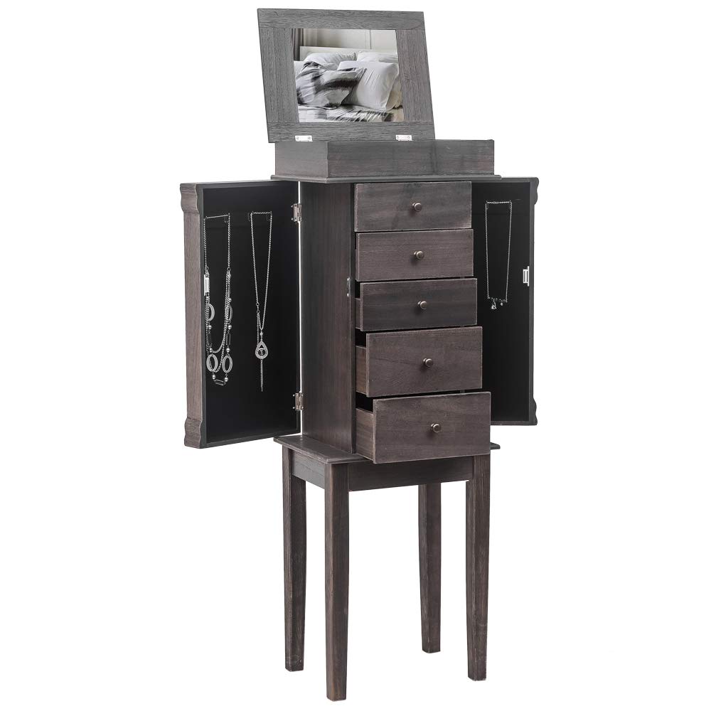 Elegant Grey Jewelry Cabinet Armoire with Mirror - 5 Drawers & 8 Necklace Hooks, Standing Jewelry Storage Chest with Top Organizer & 2 Side Swing Doors | Perfect for Bedroom, Closet & Dressing Room Organization